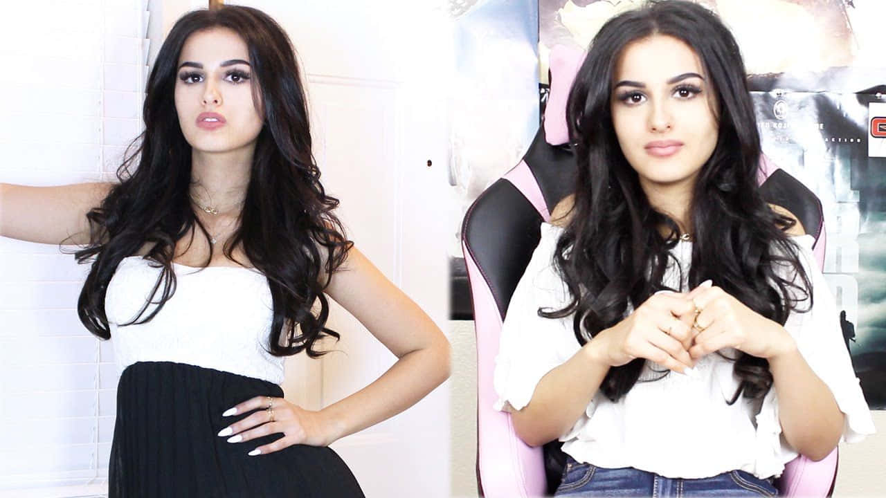 Sssniperwolf, white top, black skirt, HD Desktop Wallpaper