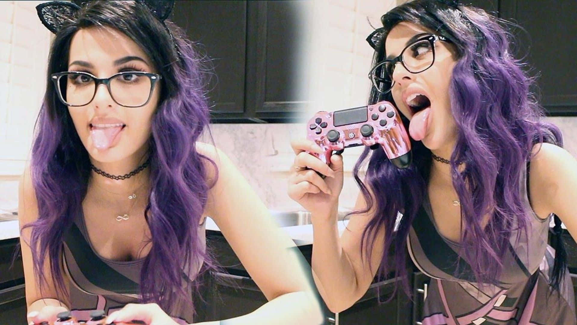 Sssniperwolf, purple hair, glasses, Full HD Desktop Wallpaper