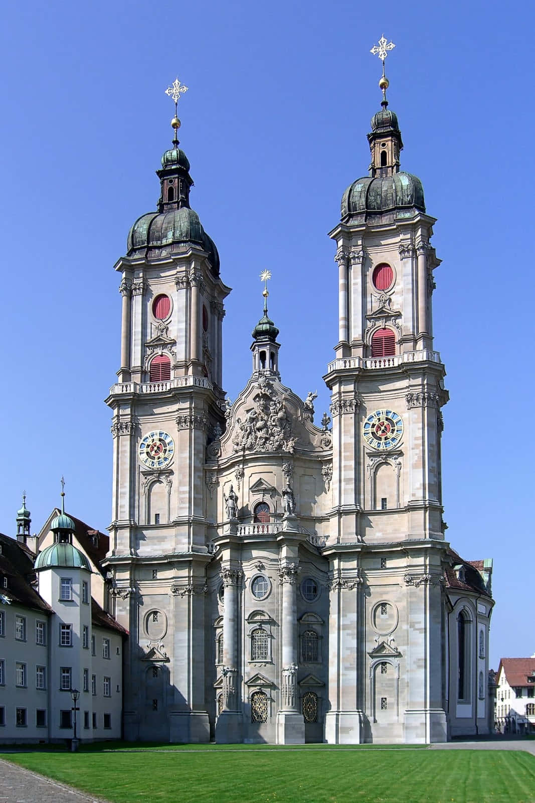 St Gallen, baroque church, twin green-domed towers, HD Phone Wallpaper
