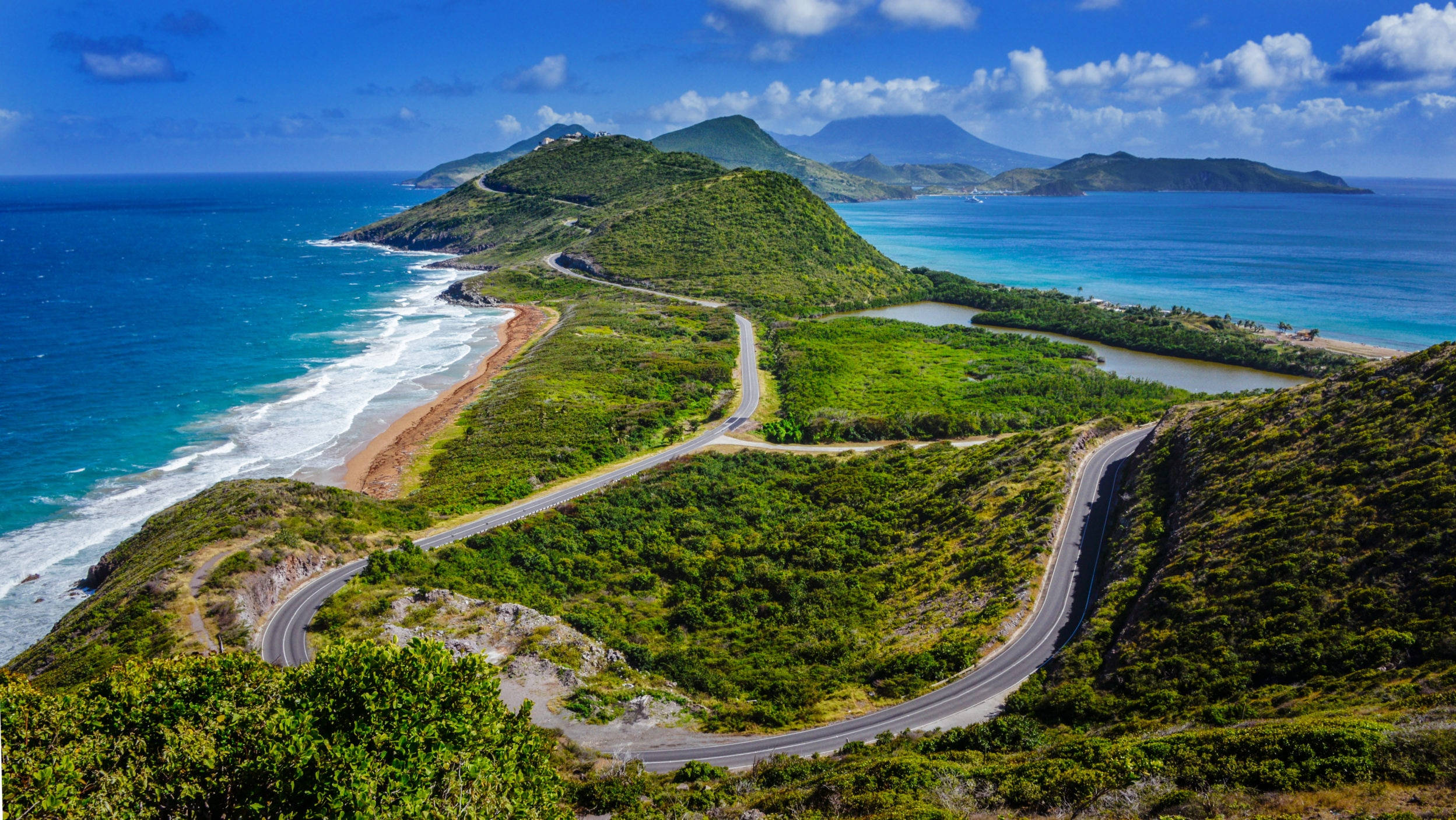St Kitts And Nevis, winding coastal road, lush green hills, Full HD Desktop Wallpaper