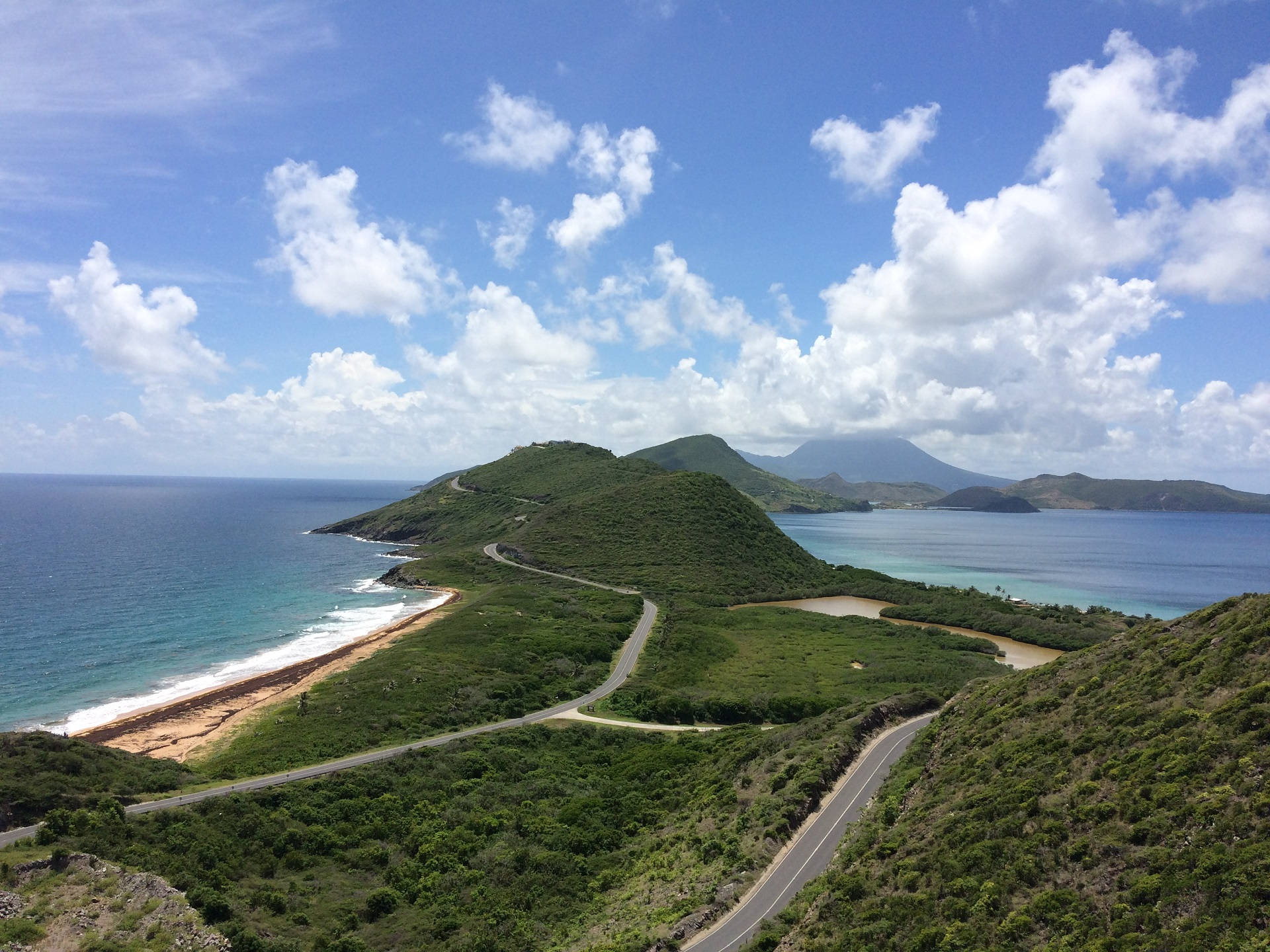 St Kitts And Nevis, coastal road, lush green hills, Full HD Desktop Wallpaper