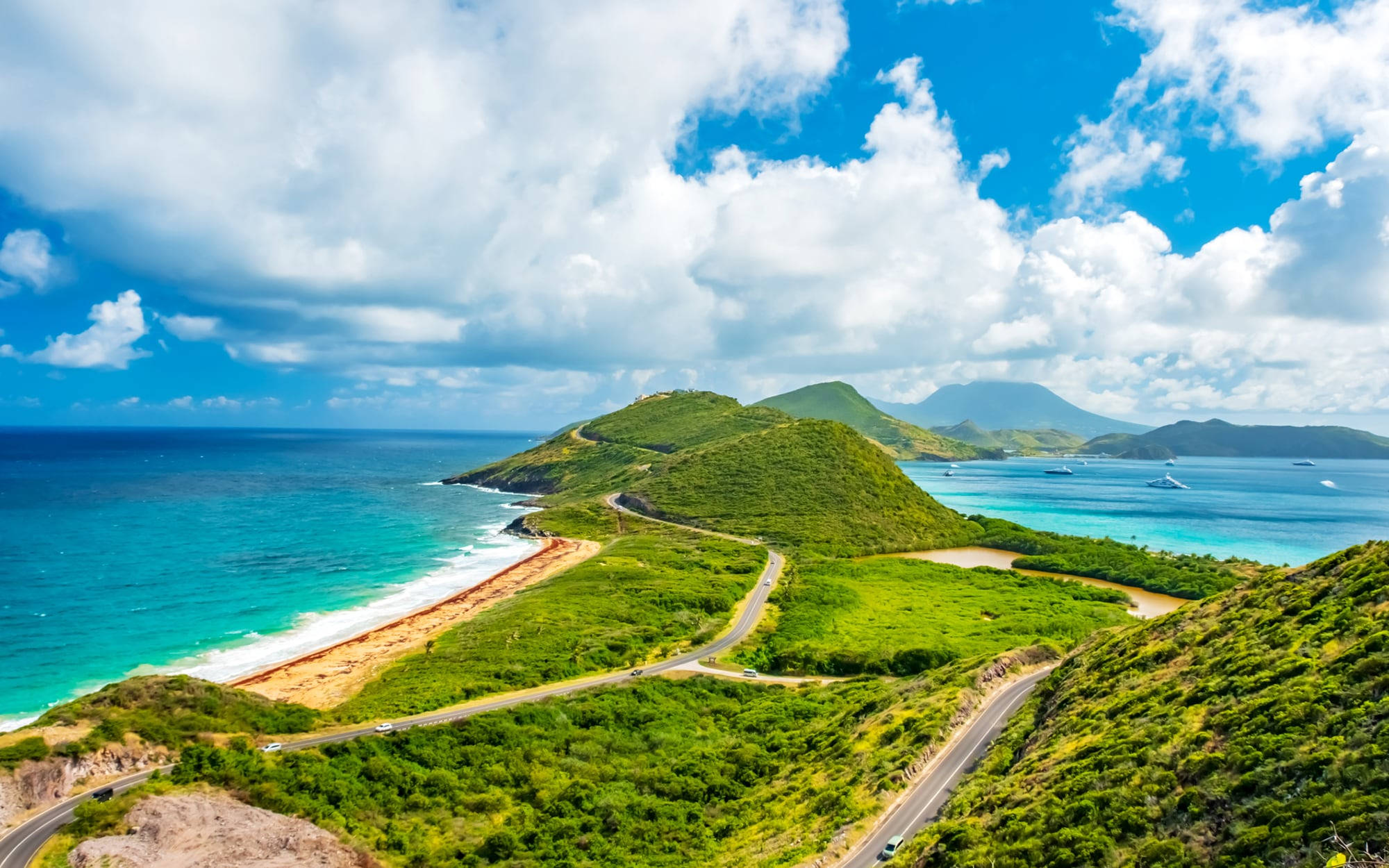 St Kitts And Nevis, coastal road, lush green hills, Full HD Desktop Wallpaper