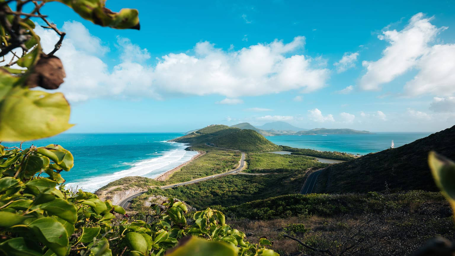 St Kitts And Nevis, coastal road, lush green hills, HD Desktop Wallpaper