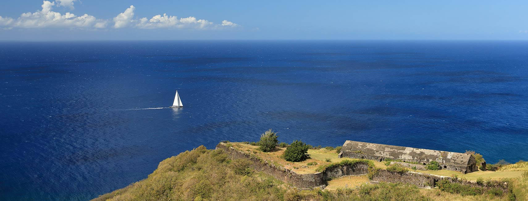 St Kitts And Nevis, cliff edge, white sailboat, HD Desktop Wallpaper