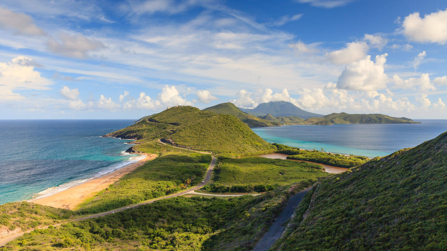 St Kitts And Nevis, lush green hills, turquoise coastline, HD Desktop Wallpaper