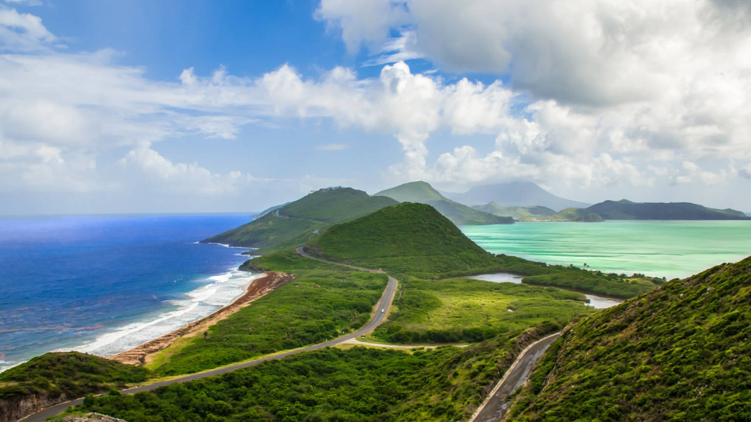 St Kitts And Nevis, ocean view, winding coastal road, HD Desktop Wallpaper