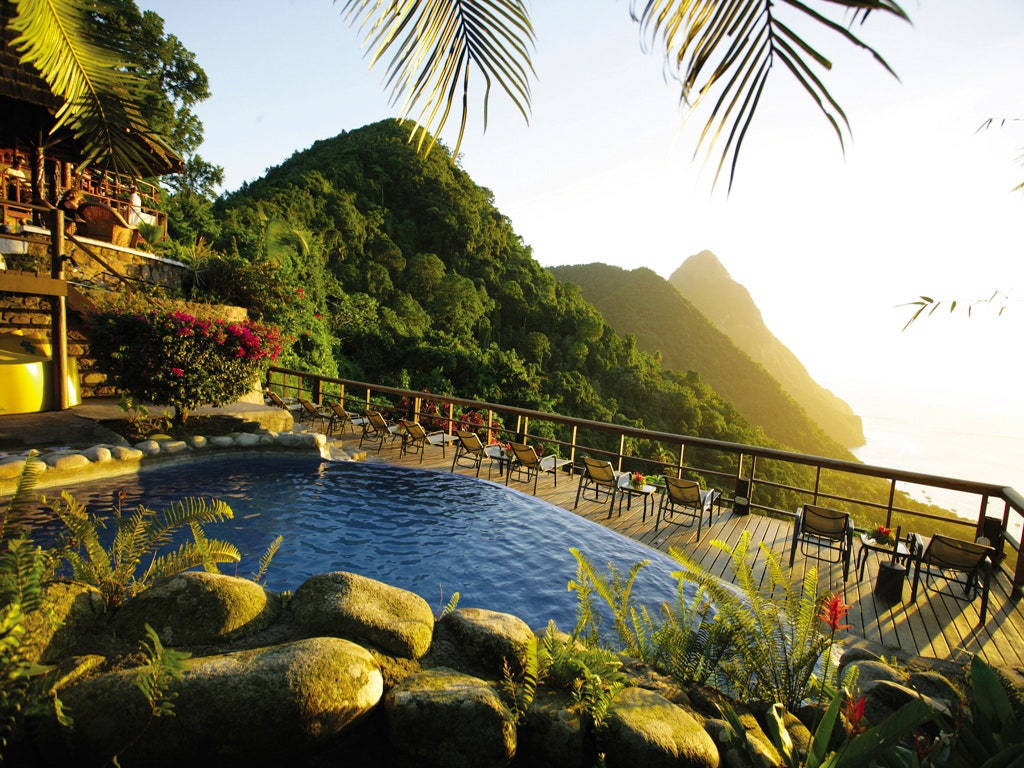 St Lucia, infinity pool, lush mountainous coastline, SD Desktop Wallpaper