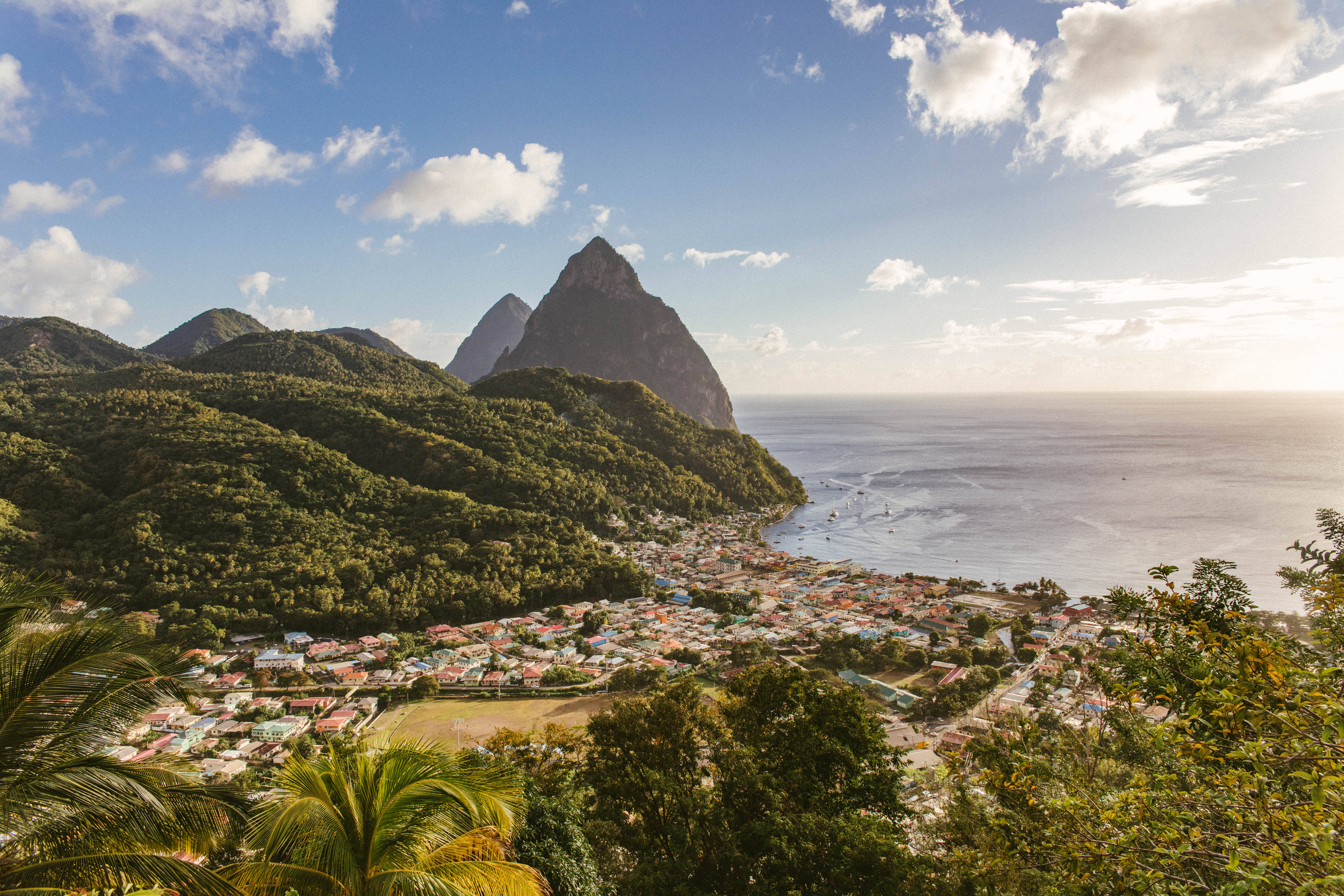 St Lucia, coastal village, lush green mountains, 5K Desktop Wallpaper