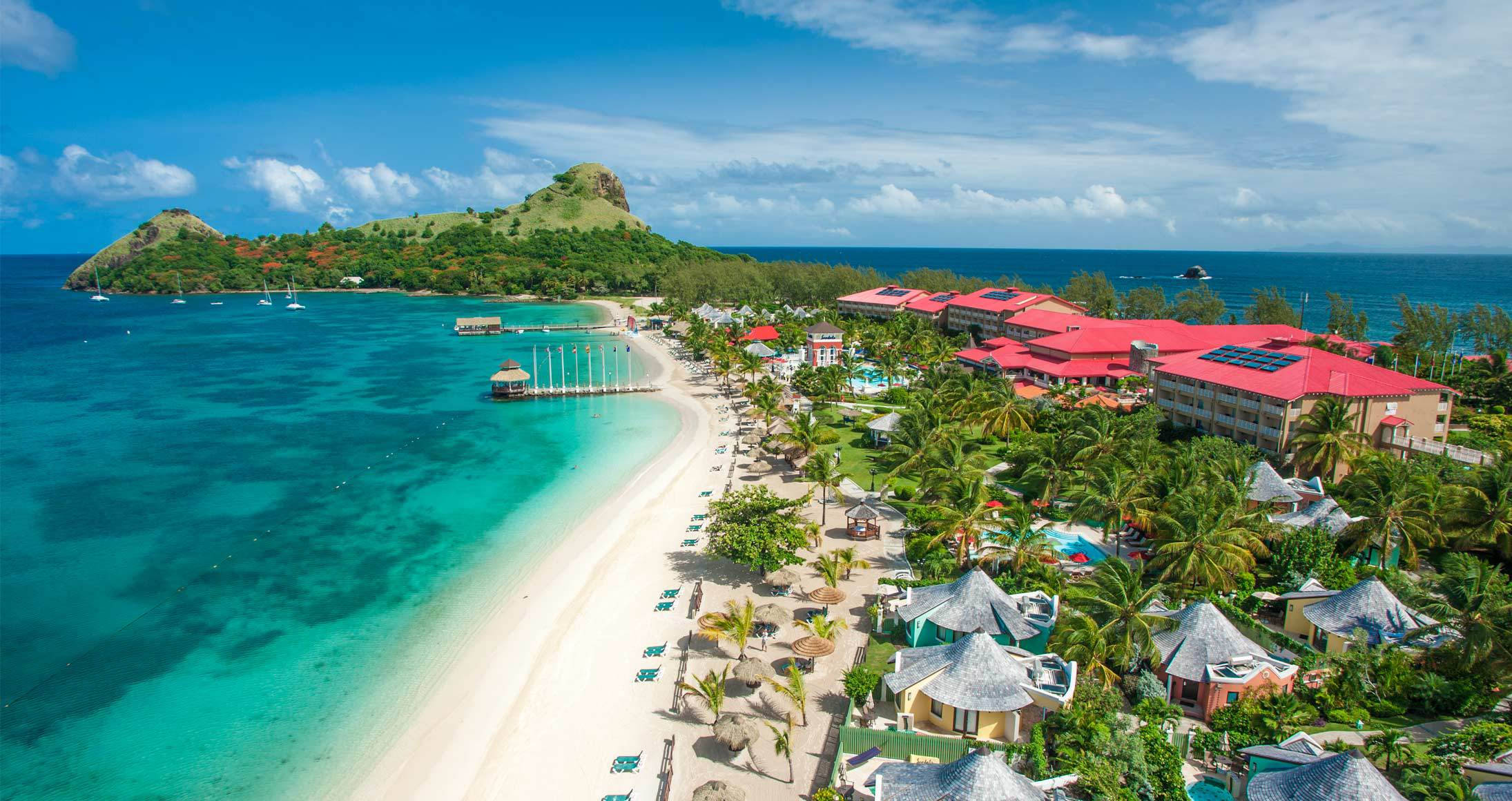 St Lucia, white sand beach, red-roofed buildings, Full HD Desktop Wallpaper