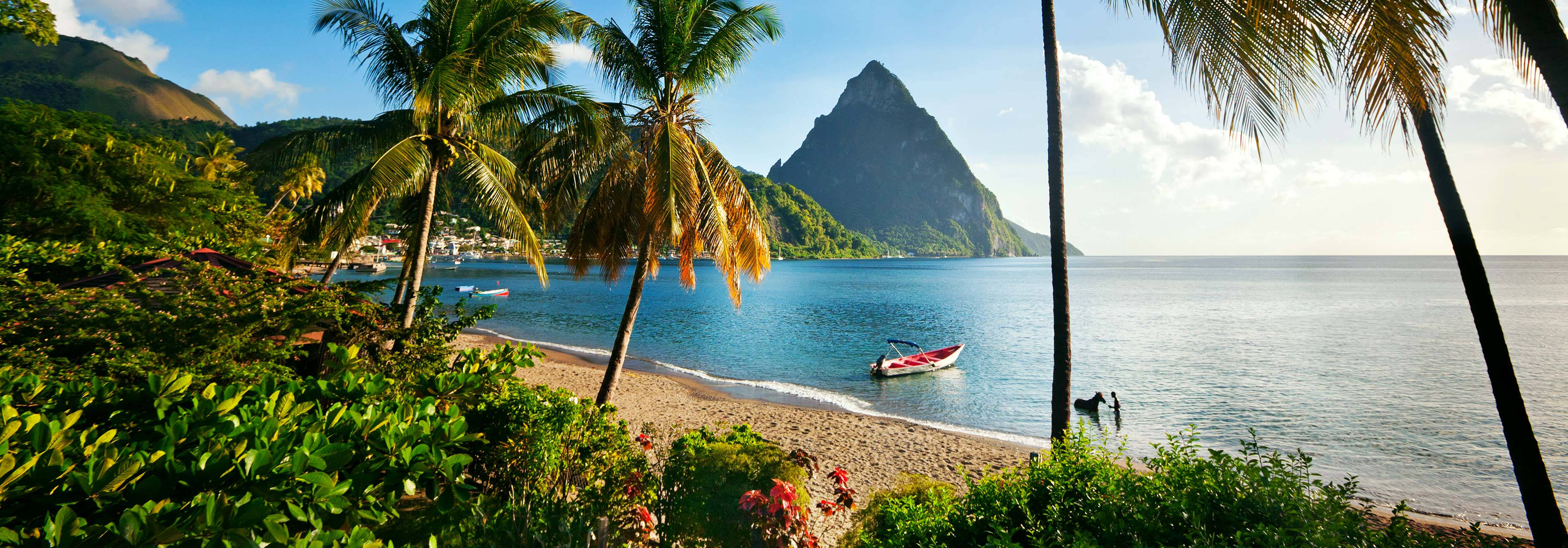 St Lucia, canoe, palm trees, 2K Desktop Wallpaper