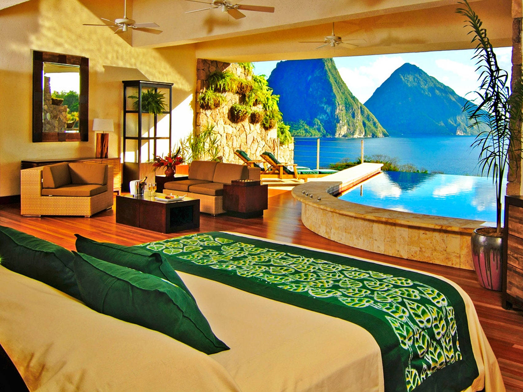 St Lucia, turquoise infinity pool, wooden floors, HD Desktop Wallpaper