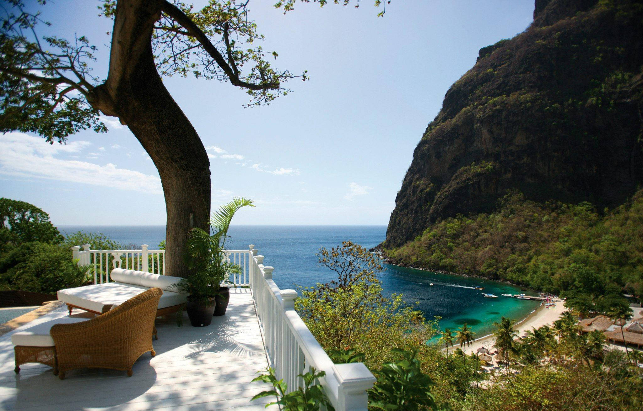 St Lucia, porch, turquoise bay, Full HD Desktop Wallpaper
