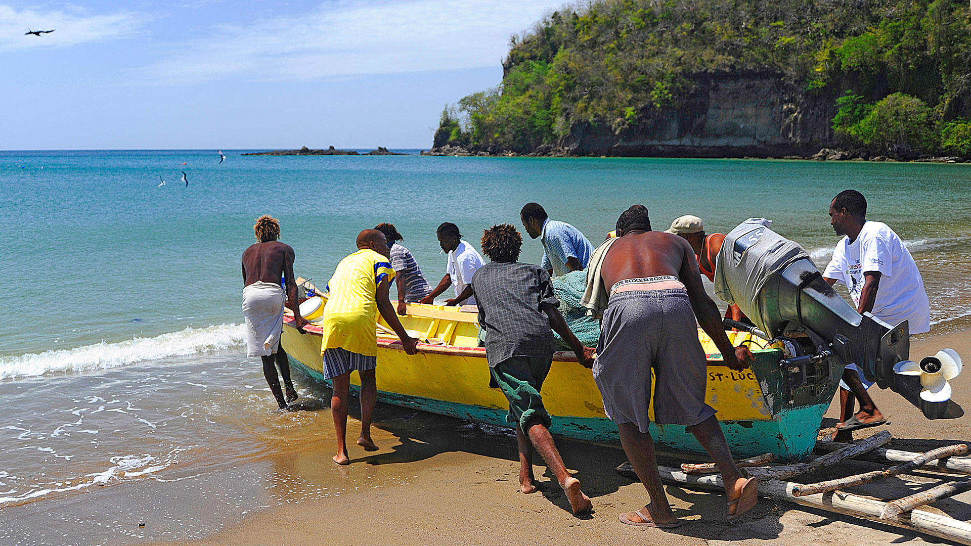 St Lucia, yellow and teal motorboat, sandy beach, Full HD Desktop Wallpaper