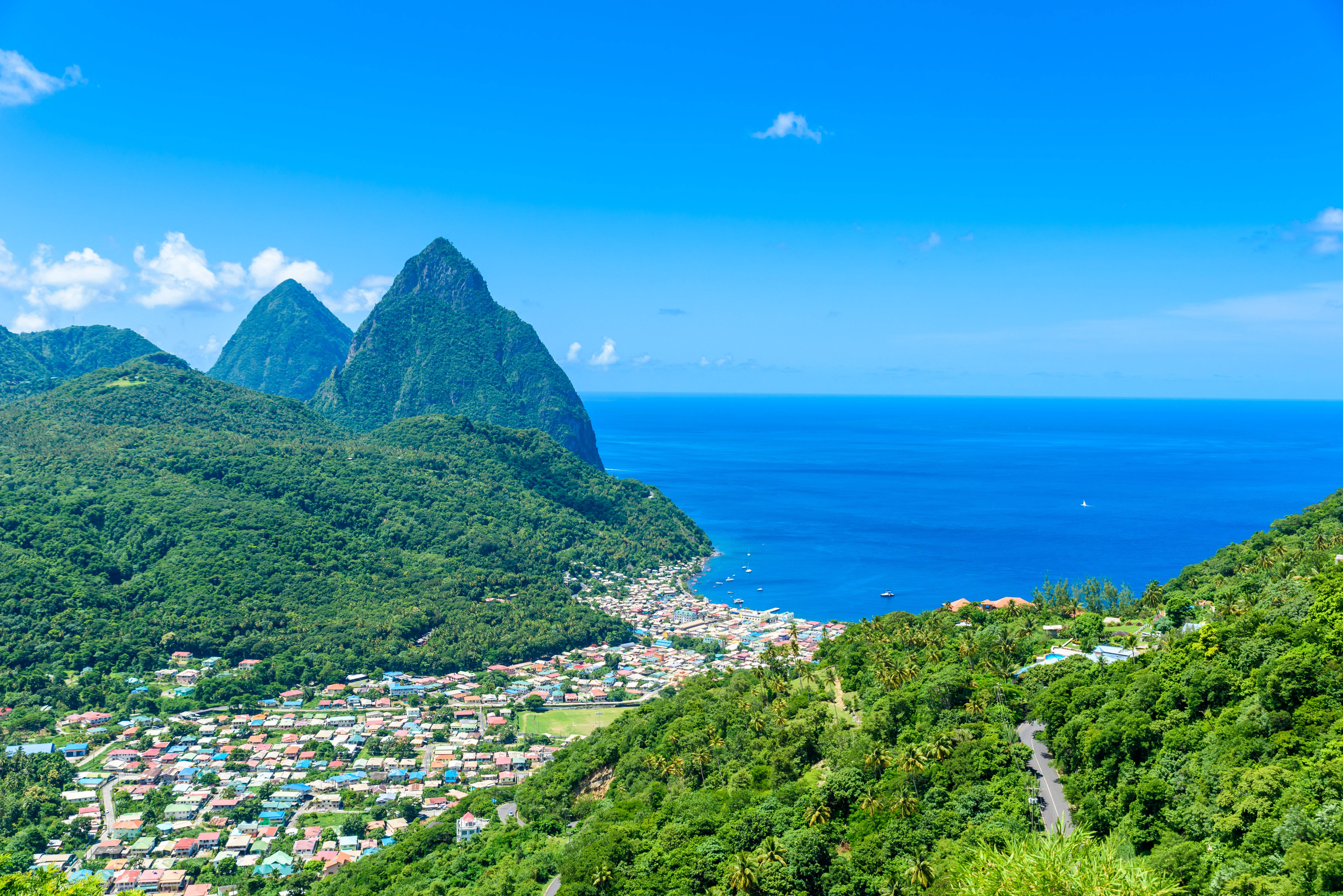 St Lucia, tropical village, lush green mountains, 5K Desktop Wallpaper