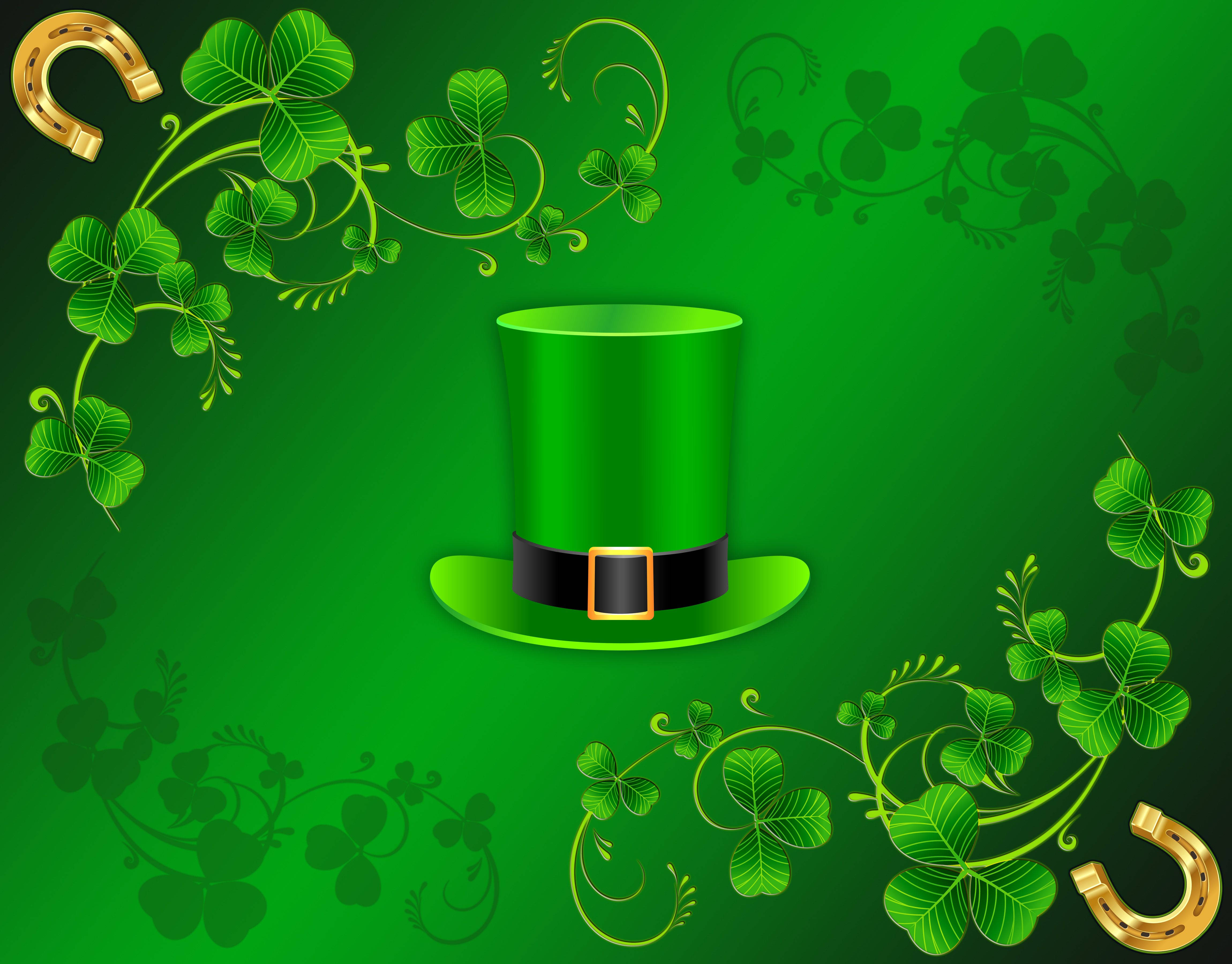 green leprechaun hat, gold buckle, swirling shamrocks, 4K Desktop Wallpaper