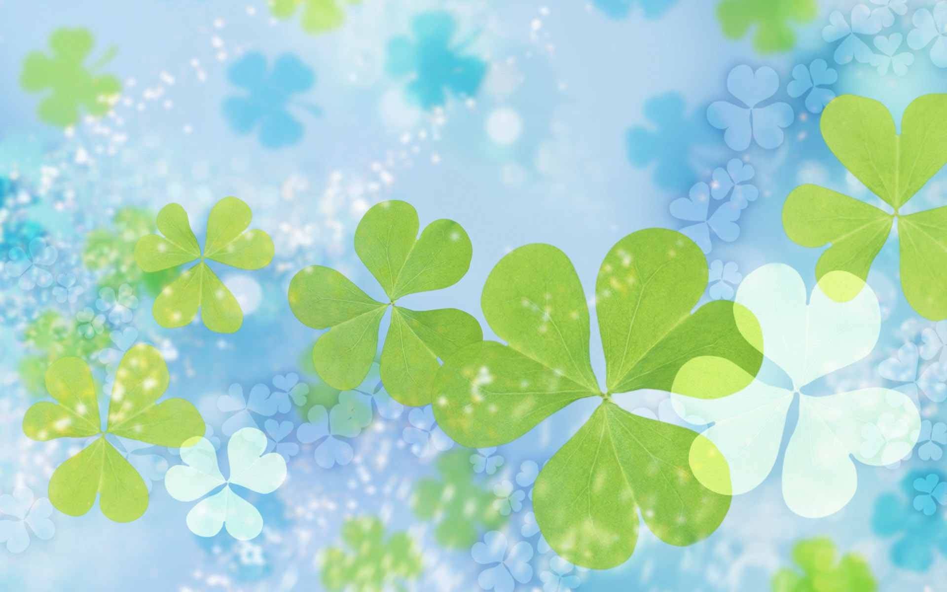 aesthetic blue st patrick s day, vibrant green four leaf clovers, soft blue background, Full HD Desktop Wallpaper