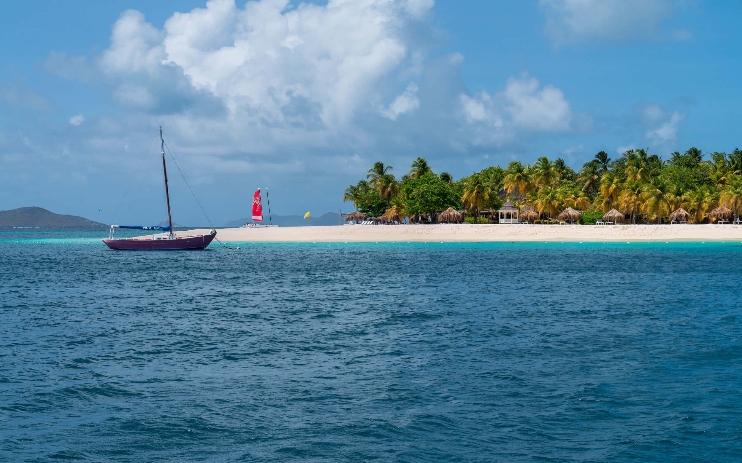 tropical beach sailing, St Vincent Grenadines, red sailboat, Full HD Desktop Wallpaper
