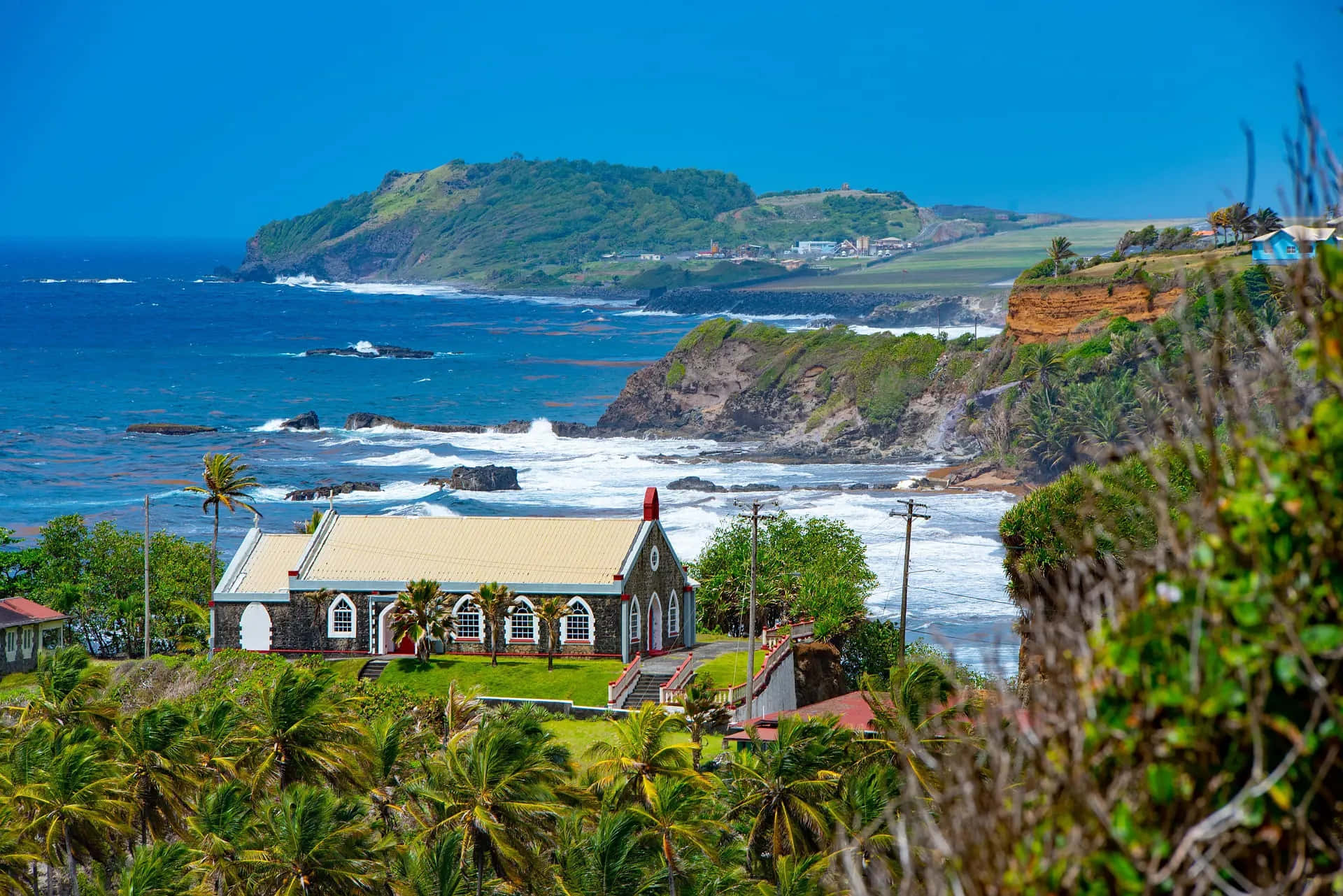 coastal church, St Vincent Grenadines, red roof, Full HD Desktop Wallpaper