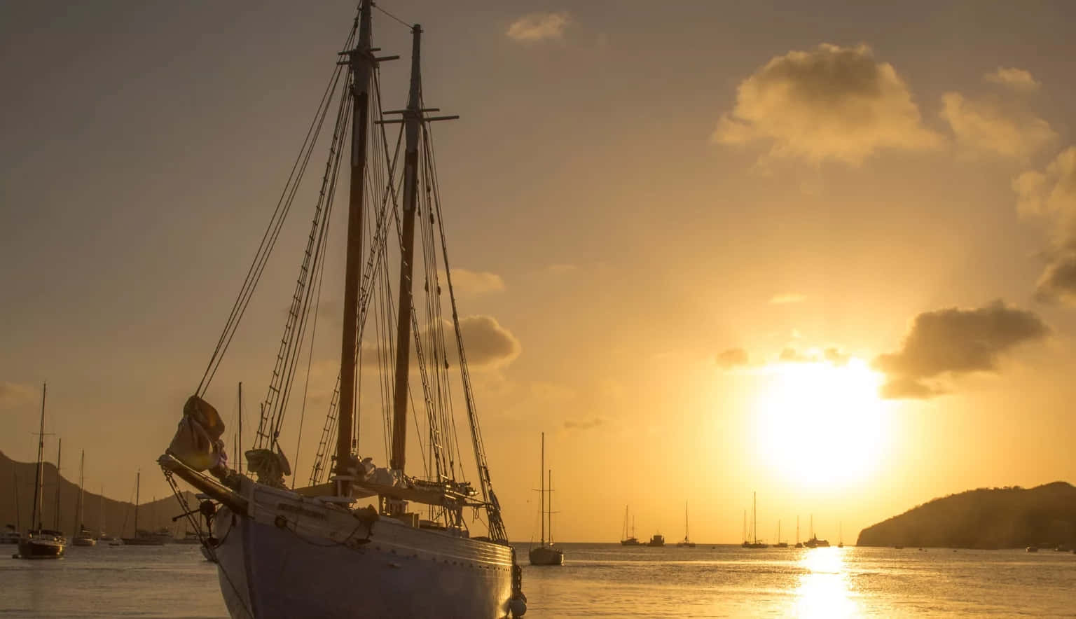 sailing vessel, sunset, golden sunset, HD Desktop Wallpaper