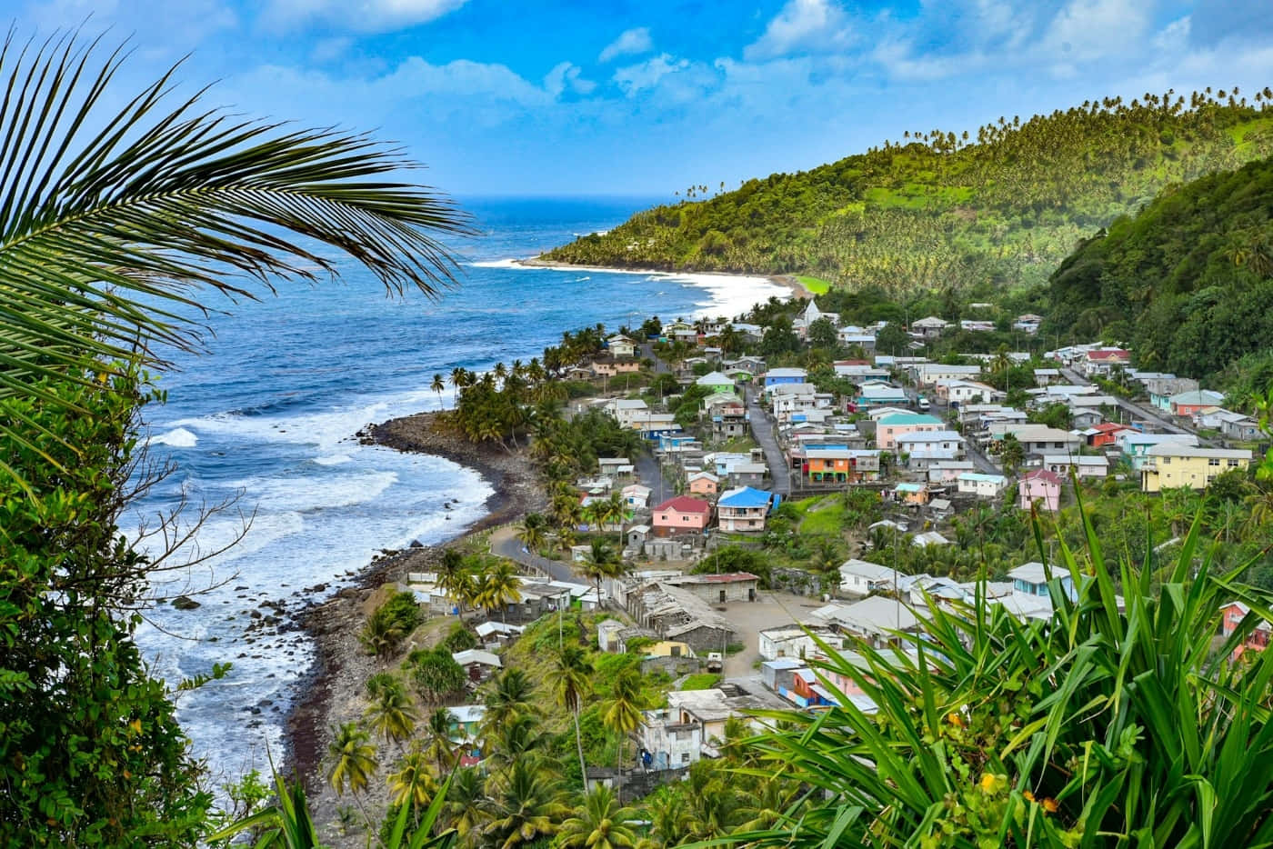 St Vincent, coastal village, lush green hillside, HD Desktop Wallpaper