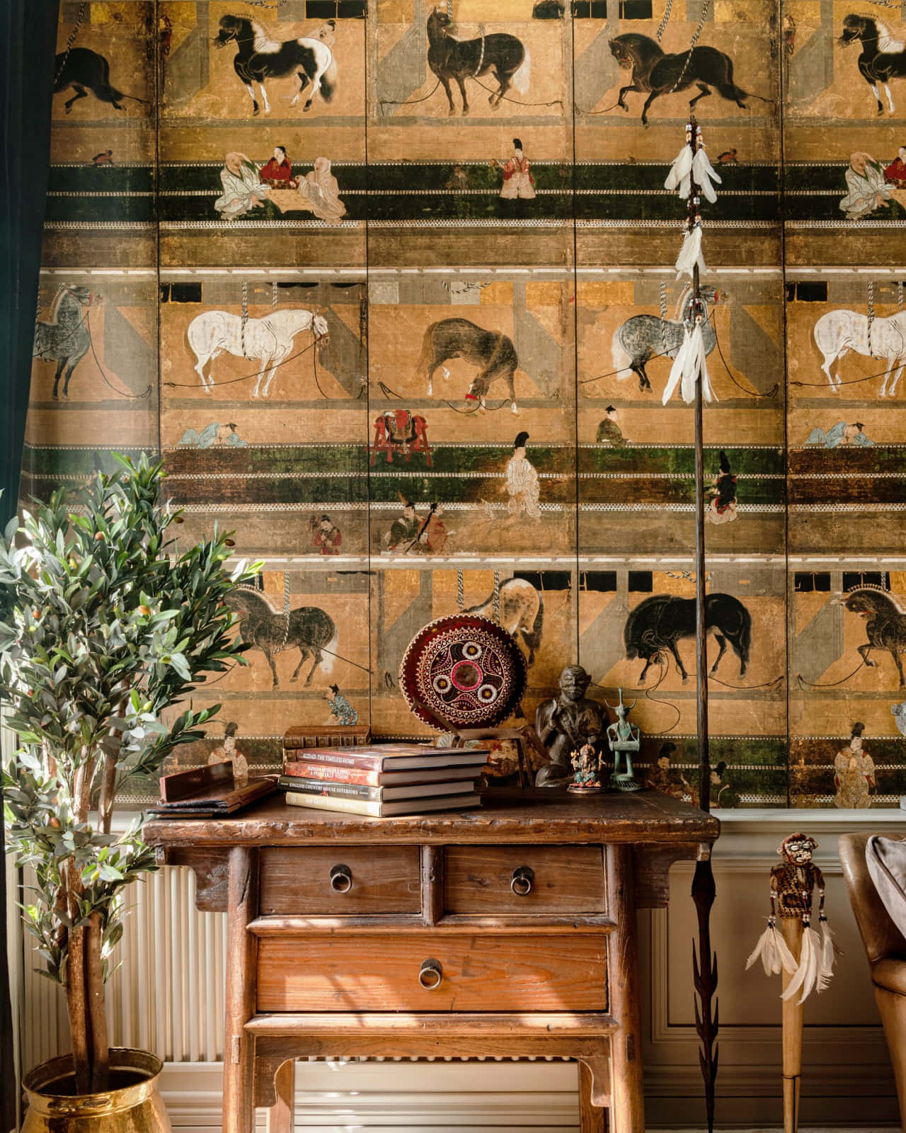 Stable Small Cabinet, antique Japanese folding screen, horses and figures, HD Phone Wallpaper