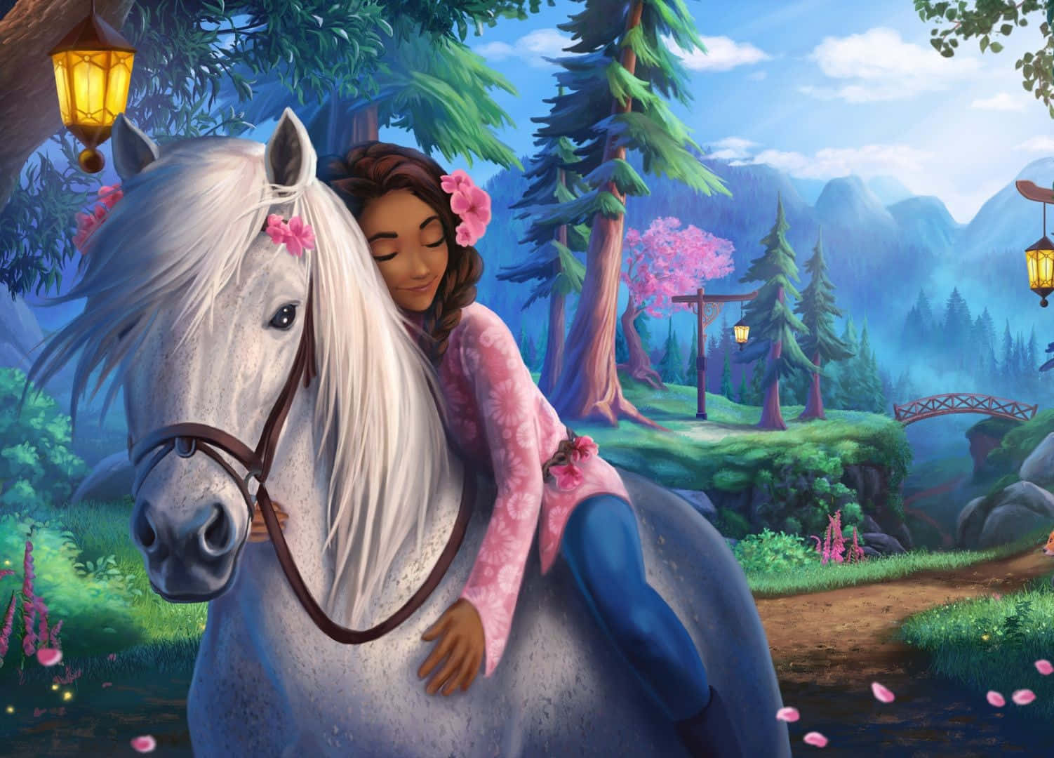 Stable Girl, white horse, pink flowers, HD Desktop Wallpaper
