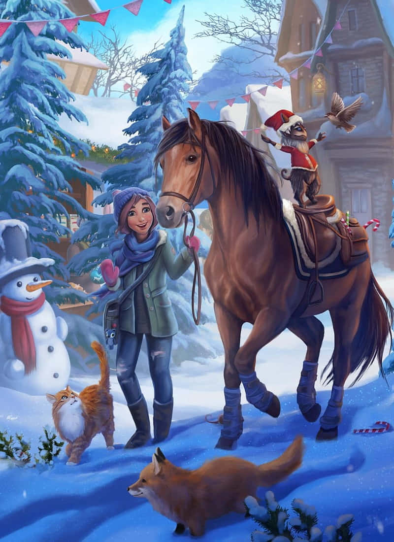 Stable, brown horse, winter, SD Phone Wallpaper