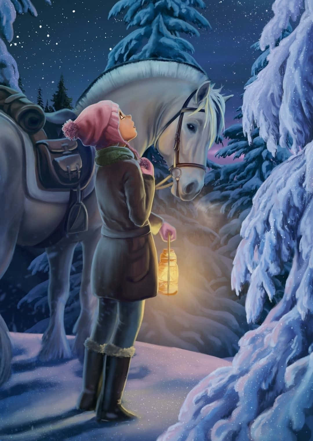 Stable Girl, glowing lantern, white horse, HD Phone Wallpaper