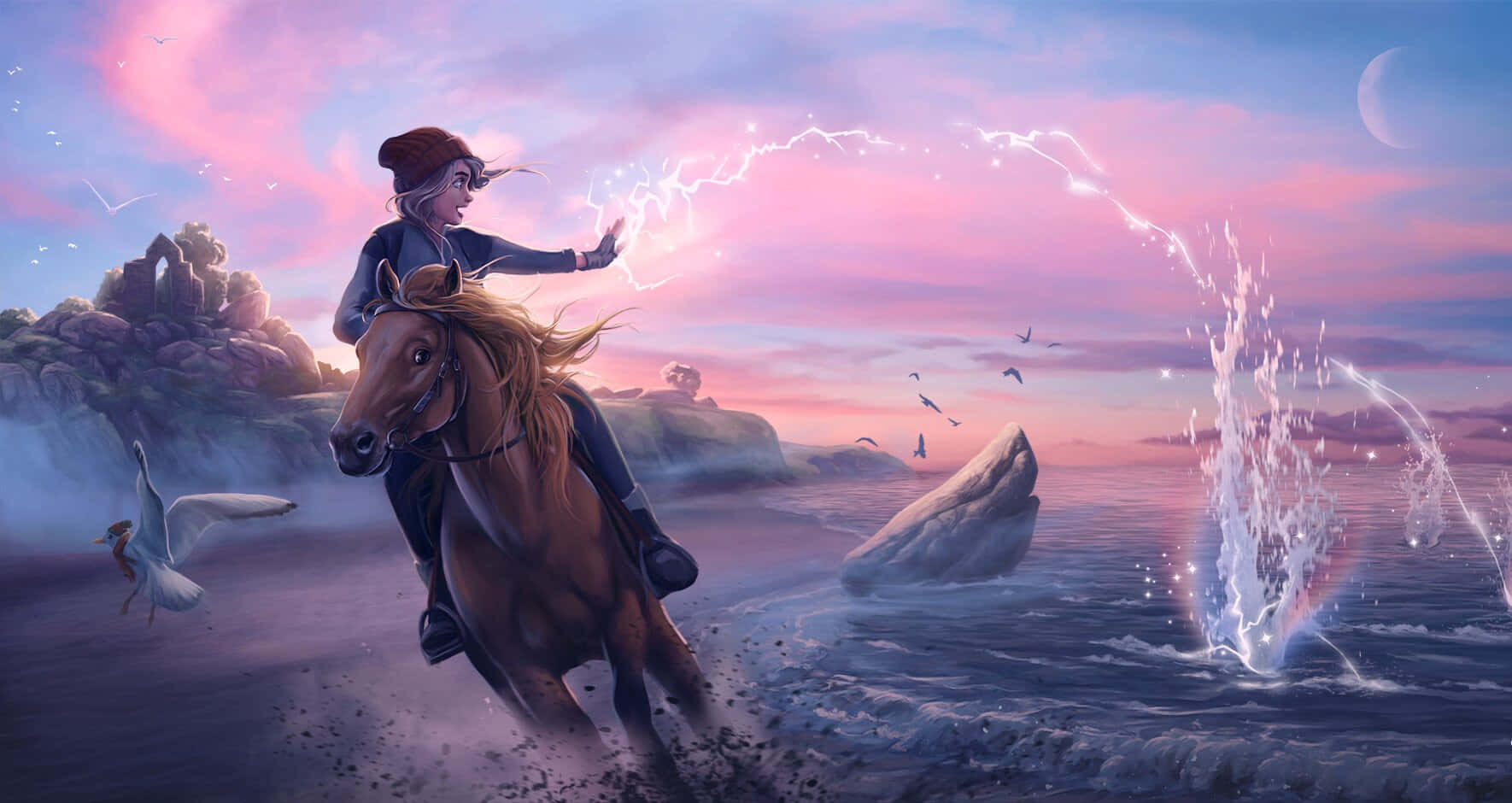 Stable Girl, brown horse, misty shoreline, HD Desktop Wallpaper