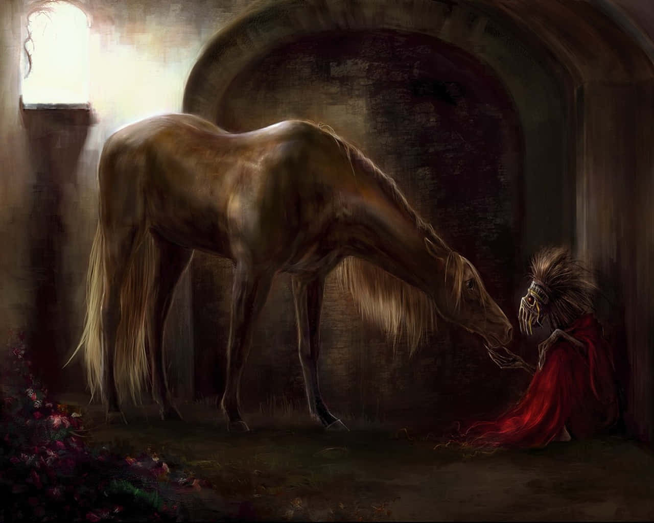 Stable, skeletal figure, red cloak, HD Desktop Wallpaper