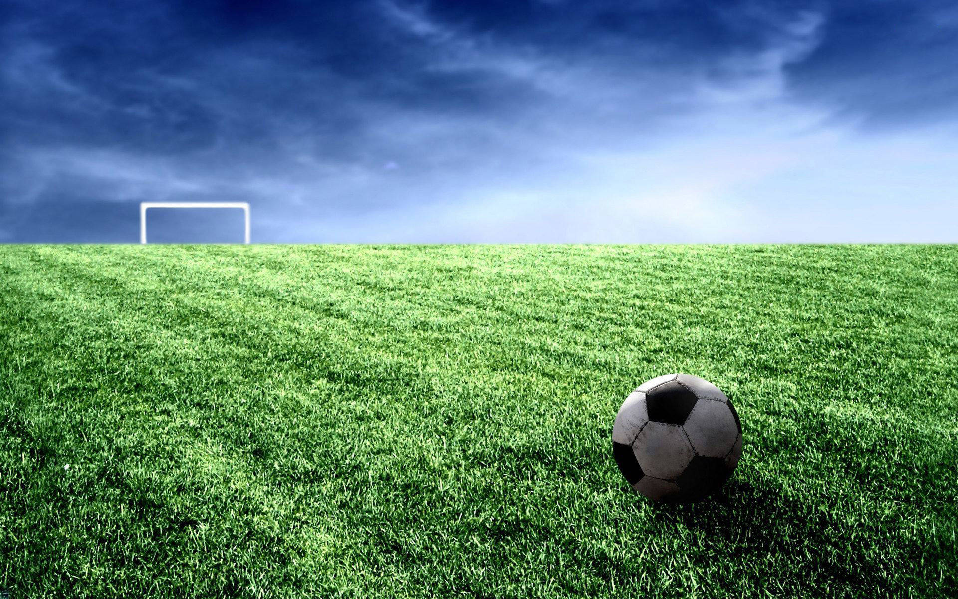 black and white soccer ball, vibrant green grass, distant white goalpost, Full HD Desktop Wallpaper