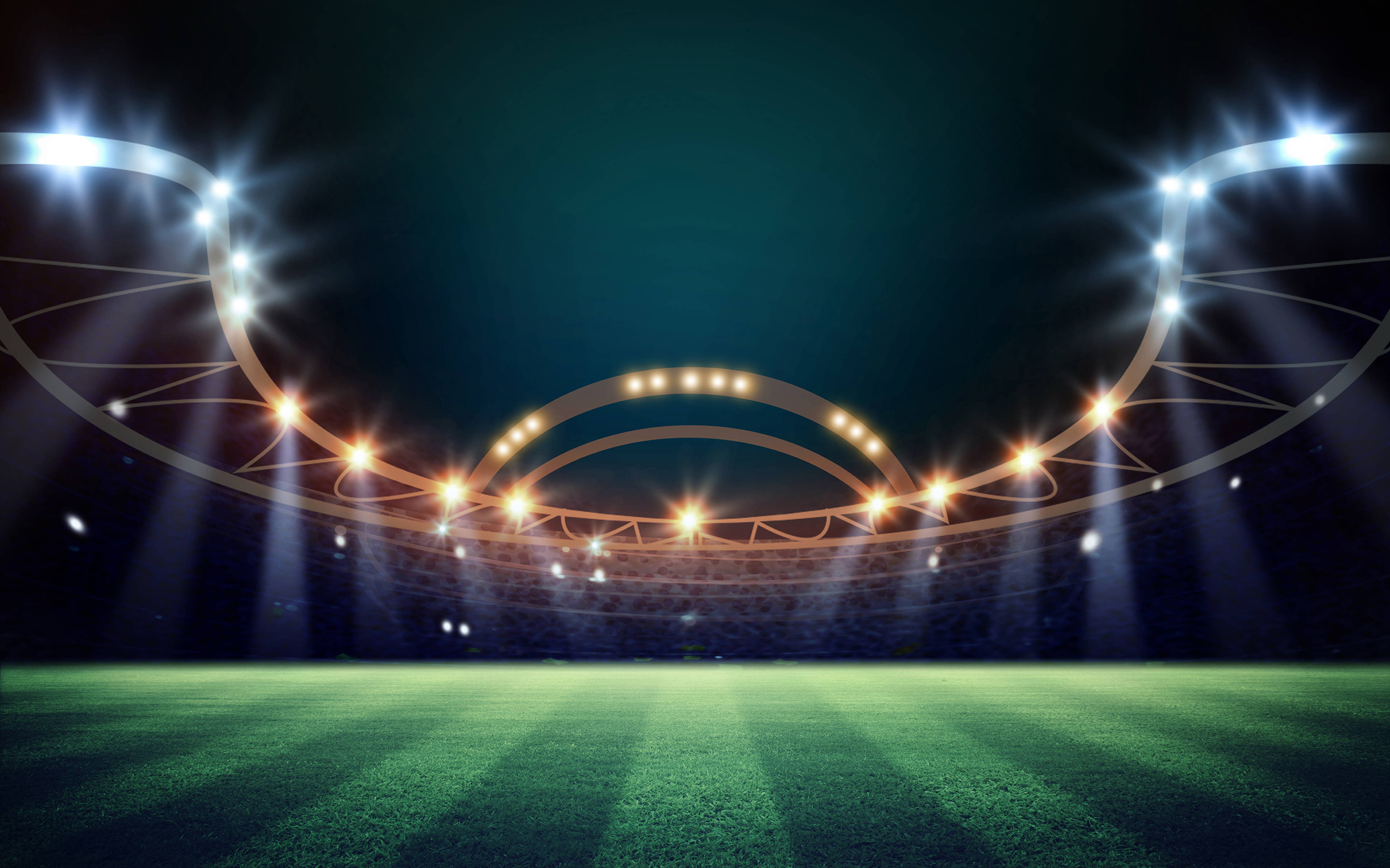 football stadium, stadium lights, green football pitch, 4K Desktop Wallpaper