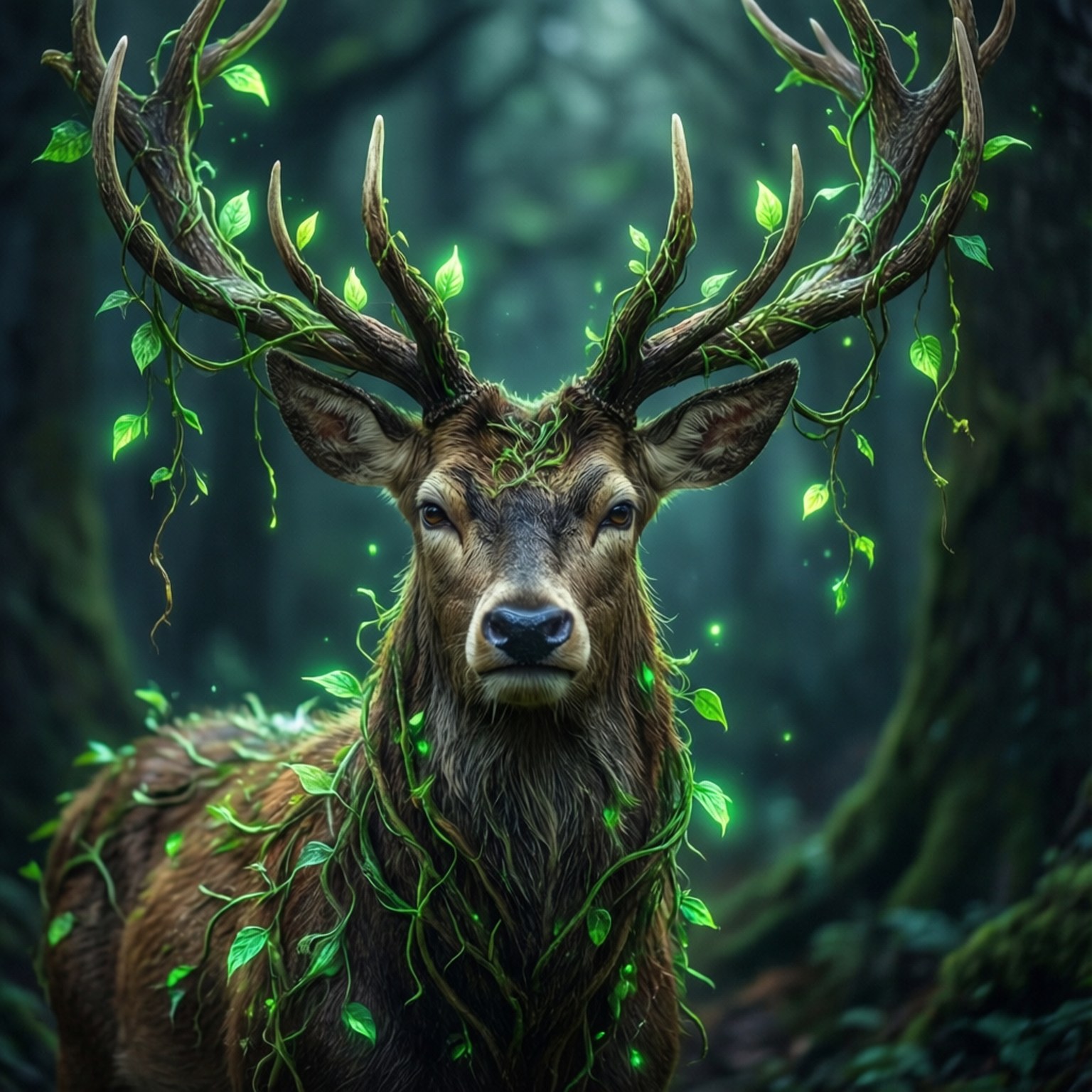 vine-wrapped mystical stag, dark forest, vine-covered antlers, HD Desktop Wallpaper