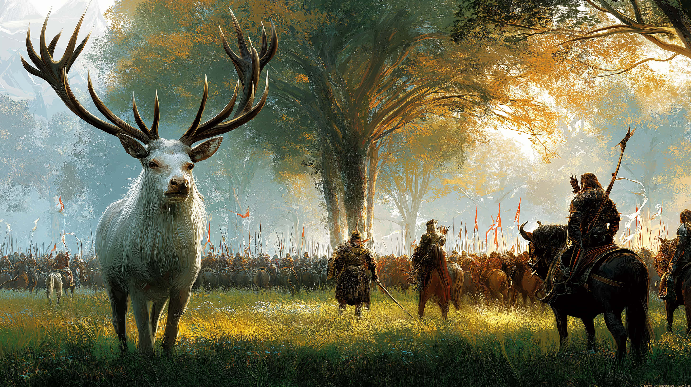 white stag, massive antlers, sunlit meadow, 2K Desktop Wallpaper