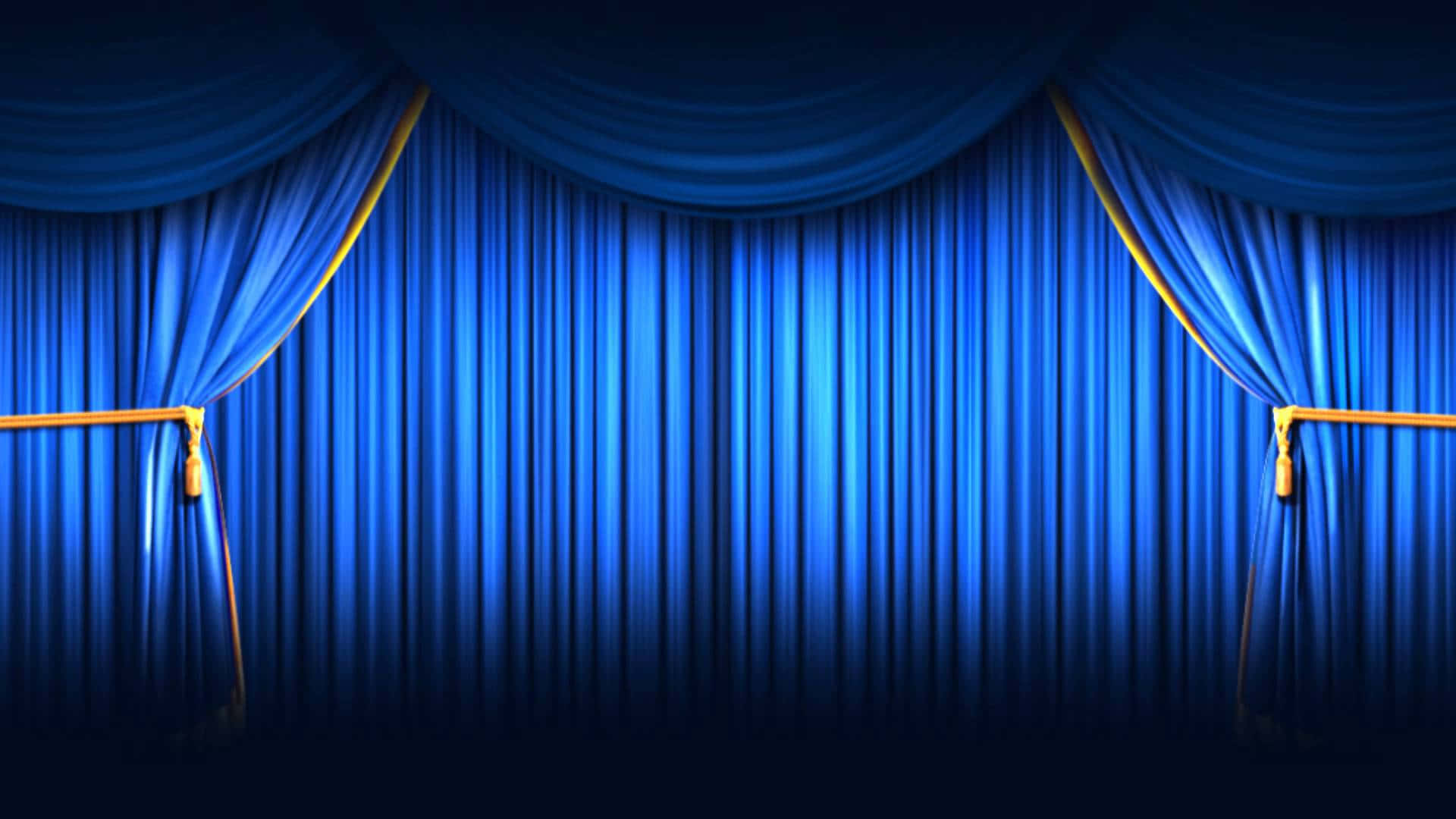blue theater curtains, gold trim, dark stage, Full HD Desktop Wallpaper
