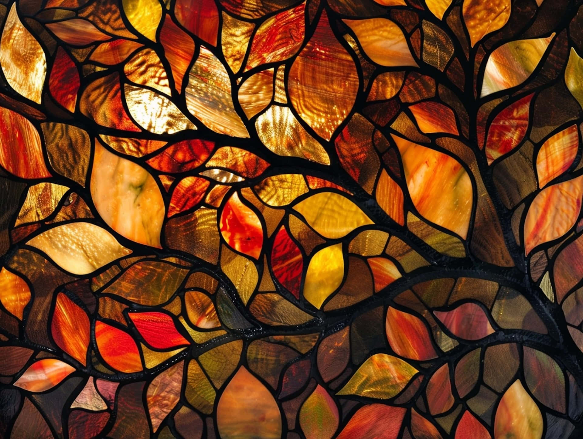 autumn leaves, stained glass art, fiery reds, Full HD Desktop Wallpaper