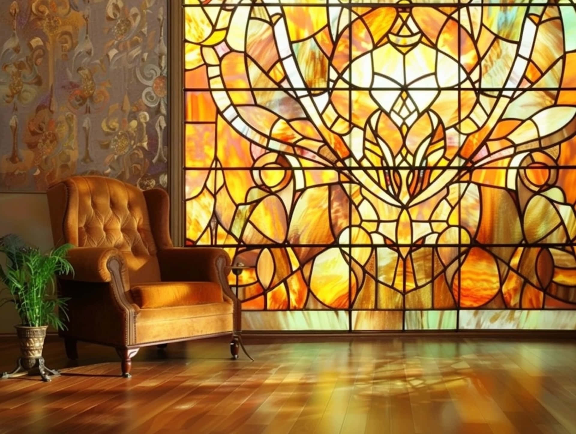 stained glass window, radiant floral design, plush brown armchair, Full HD Desktop Wallpaper