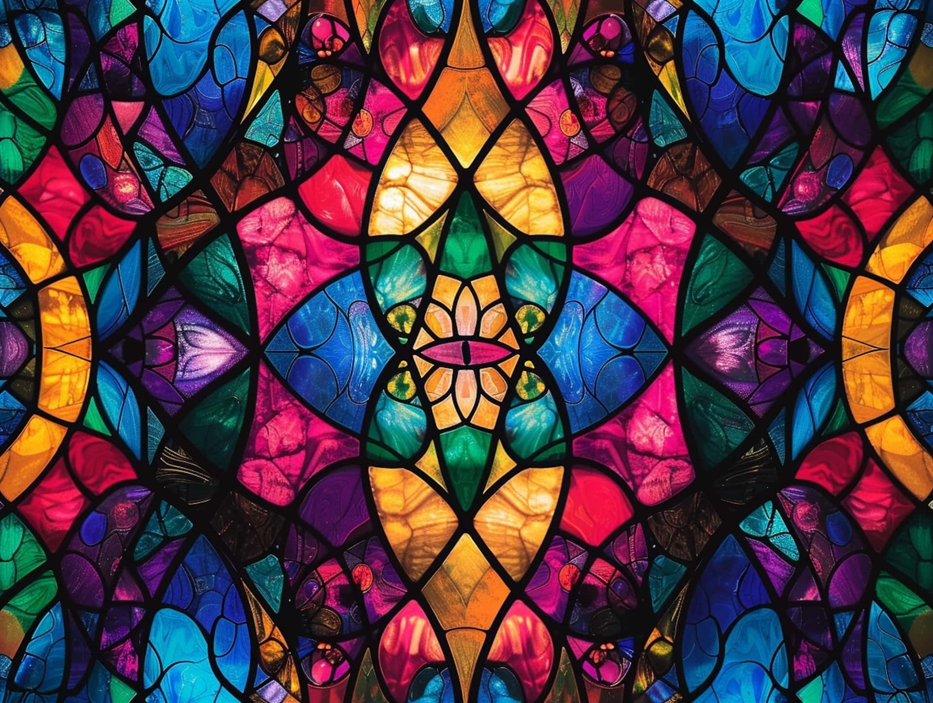 vibrant stained glass artistry, symmetrical floral patterns, bold blues, Full HD Desktop Wallpaper