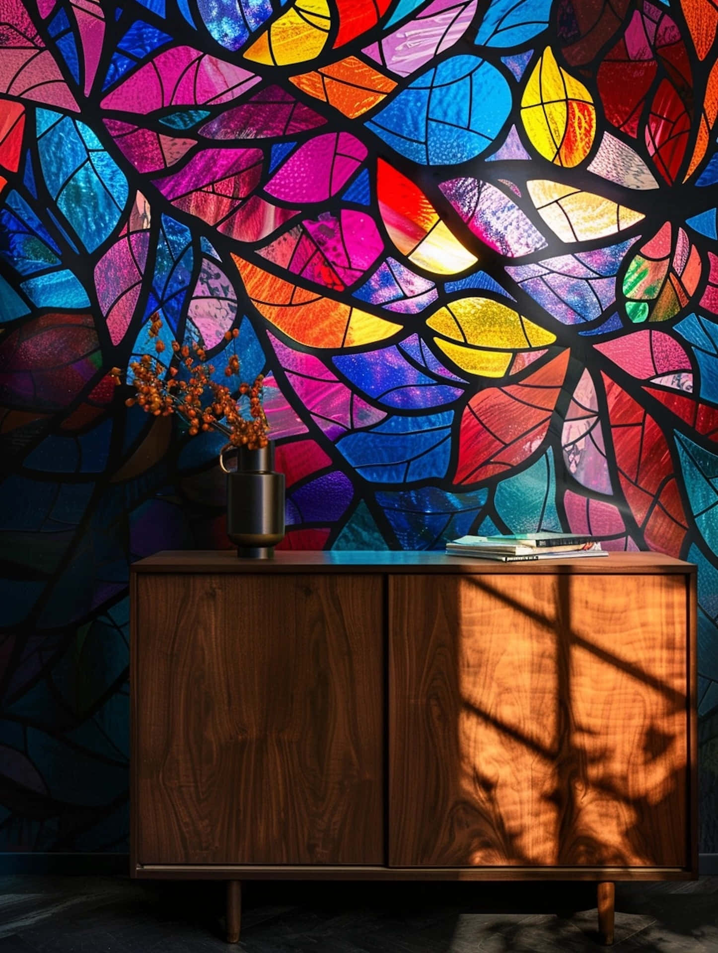colorful stained glass, leaf pattern, wooden cabinet, Full HD Phone Wallpaper