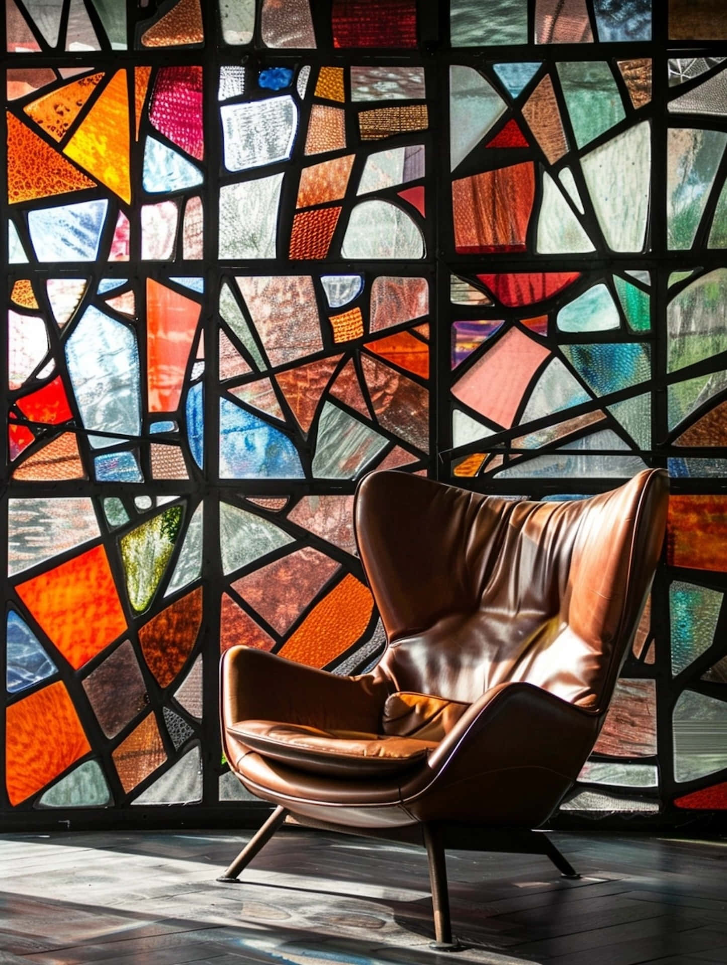 stained glass window, leather chair, brown leather, Full HD Phone Wallpaper