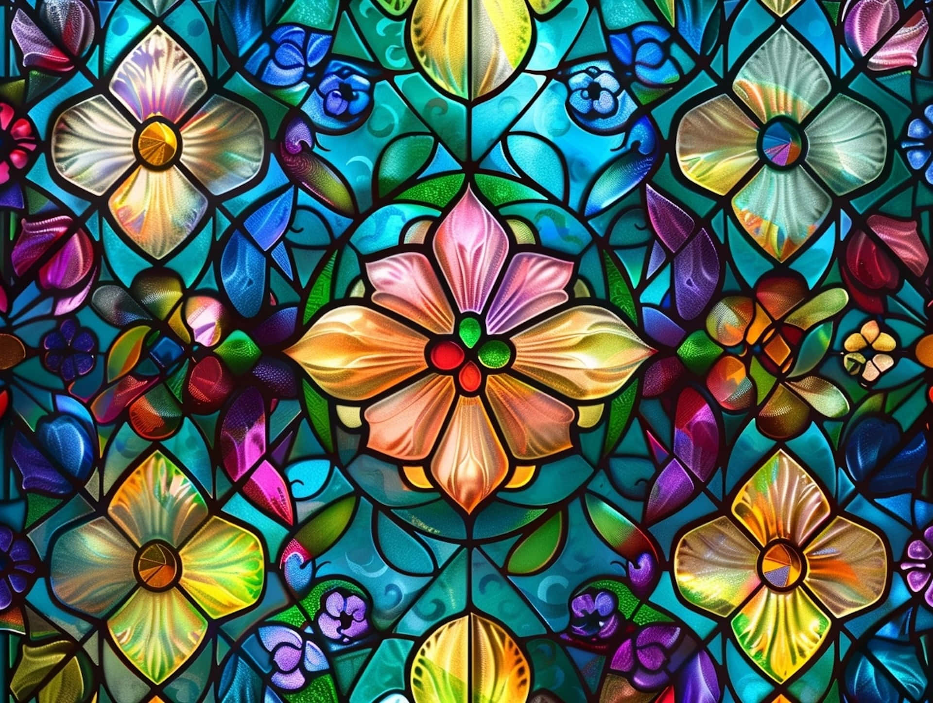 vibrant floral stained glass, intricate floral patterns, rich blues, Full HD Desktop Wallpaper