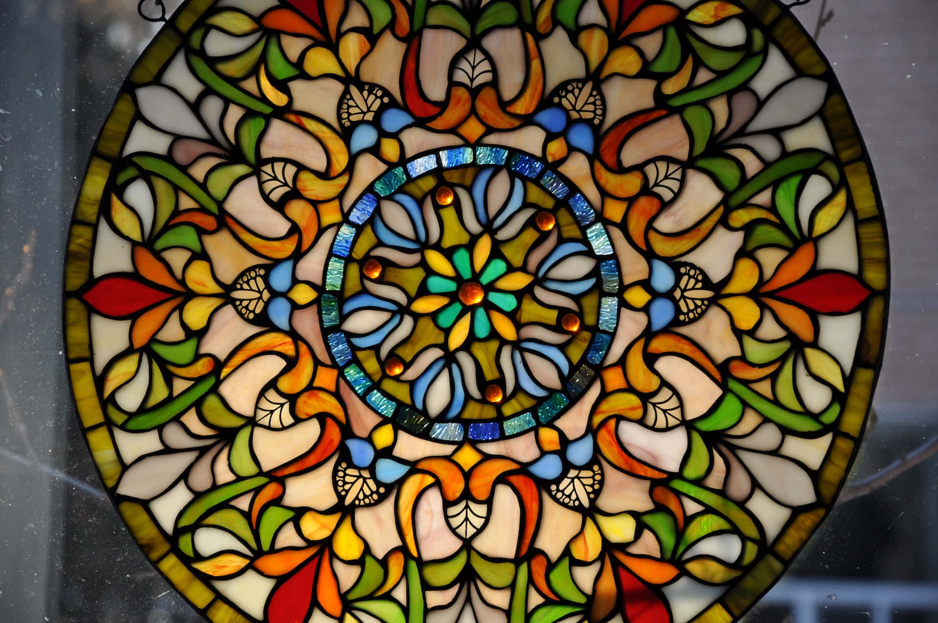 colorful mandala stained glass, circular stained glass window, intricate floral patterns, Full HD Desktop Wallpaper