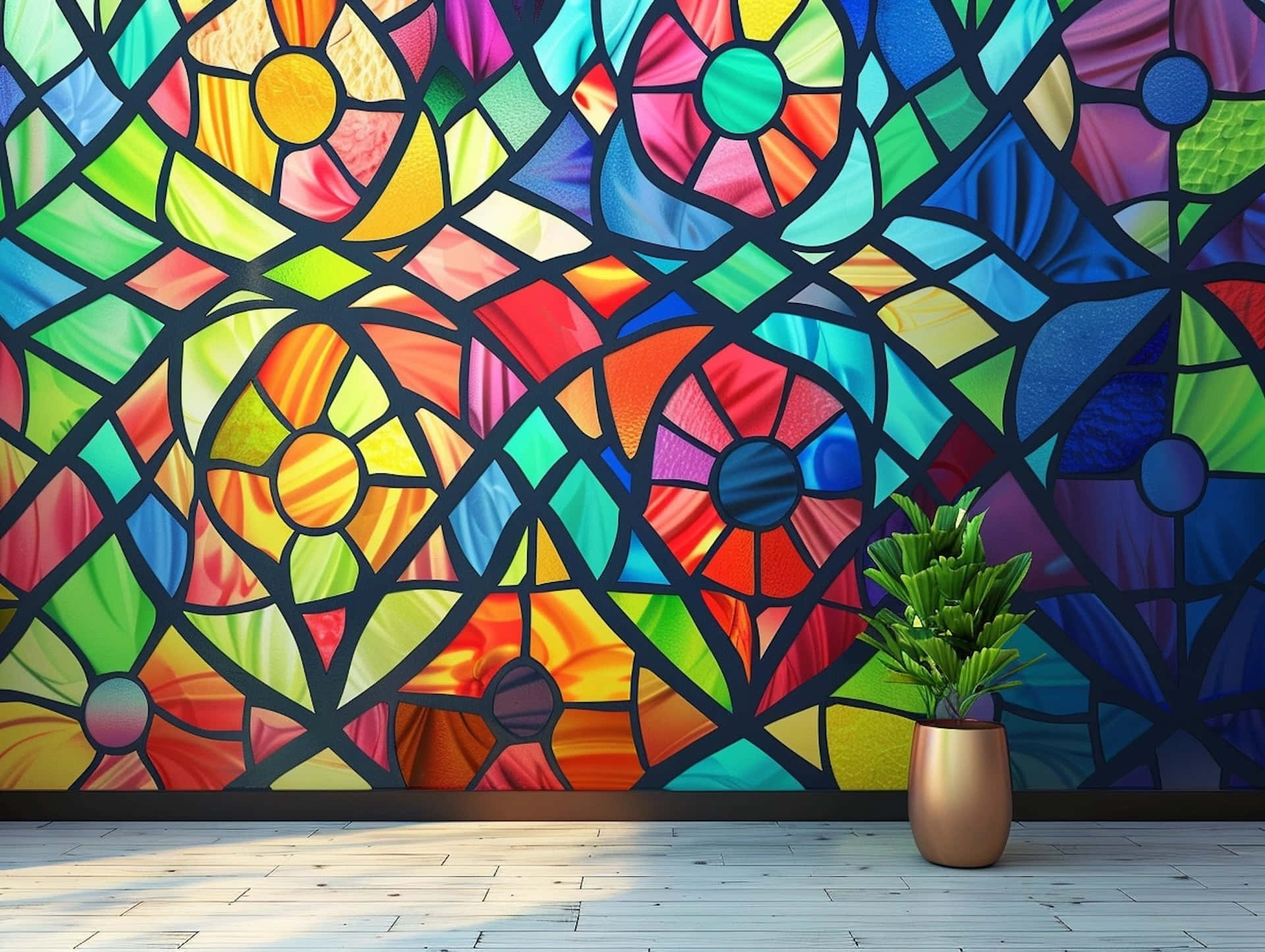 colorful stained glass wall art, floral patterns, colorful light, Full HD Desktop Wallpaper