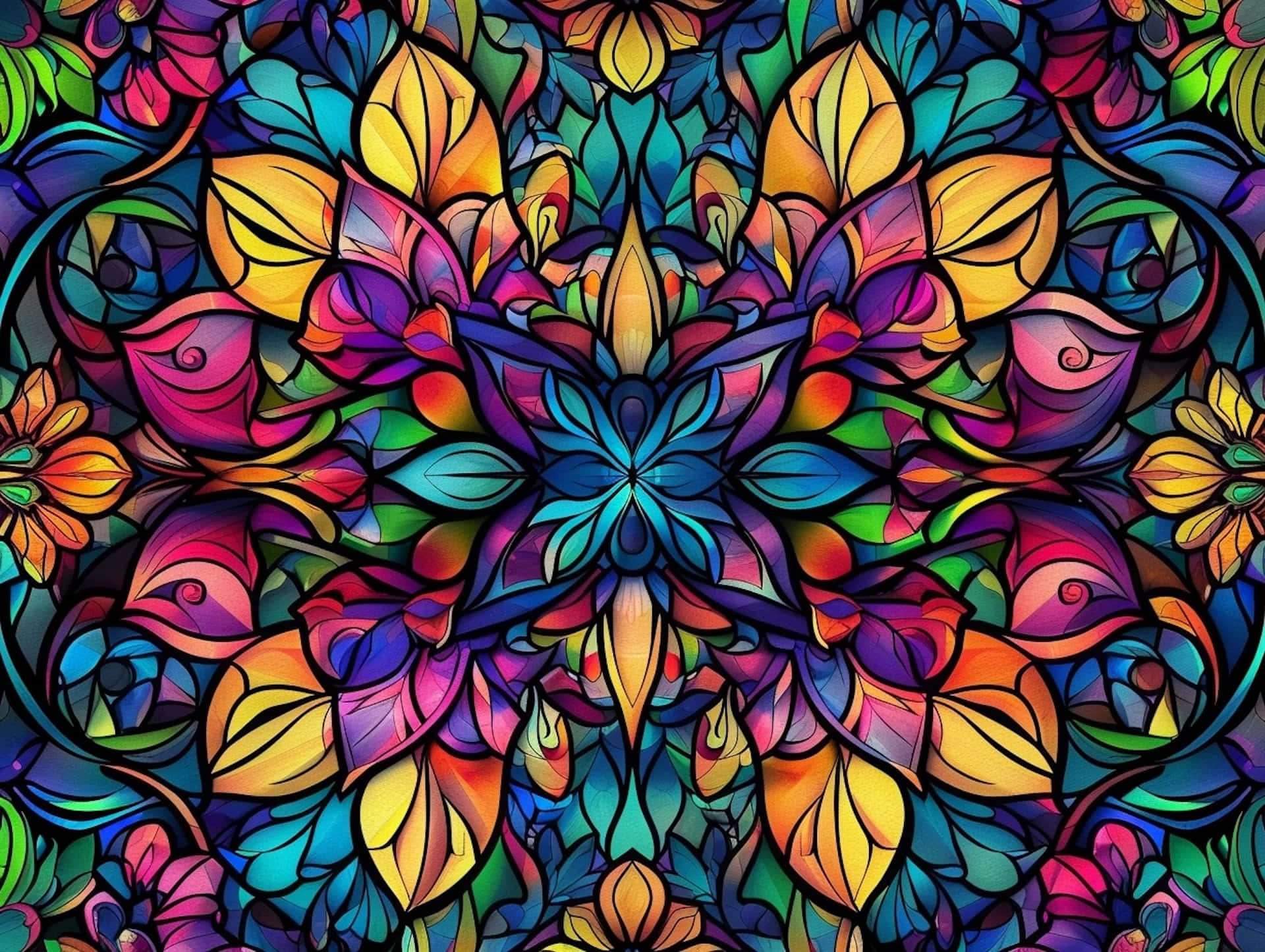 stained glass, floral mandala, symmetrical petals, Full HD Desktop Wallpaper