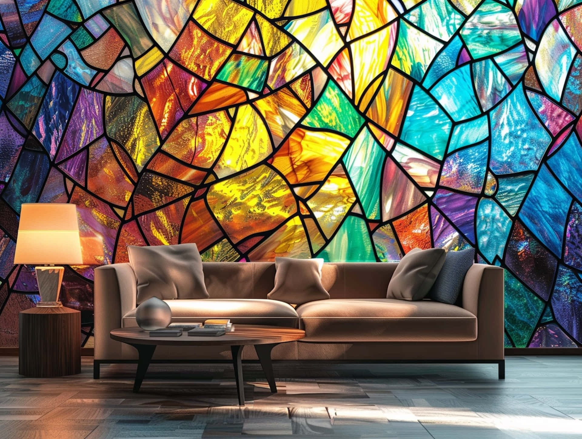 vibrant stained glass living room, tan sofa, wooden coffee table, Full HD Desktop Wallpaper