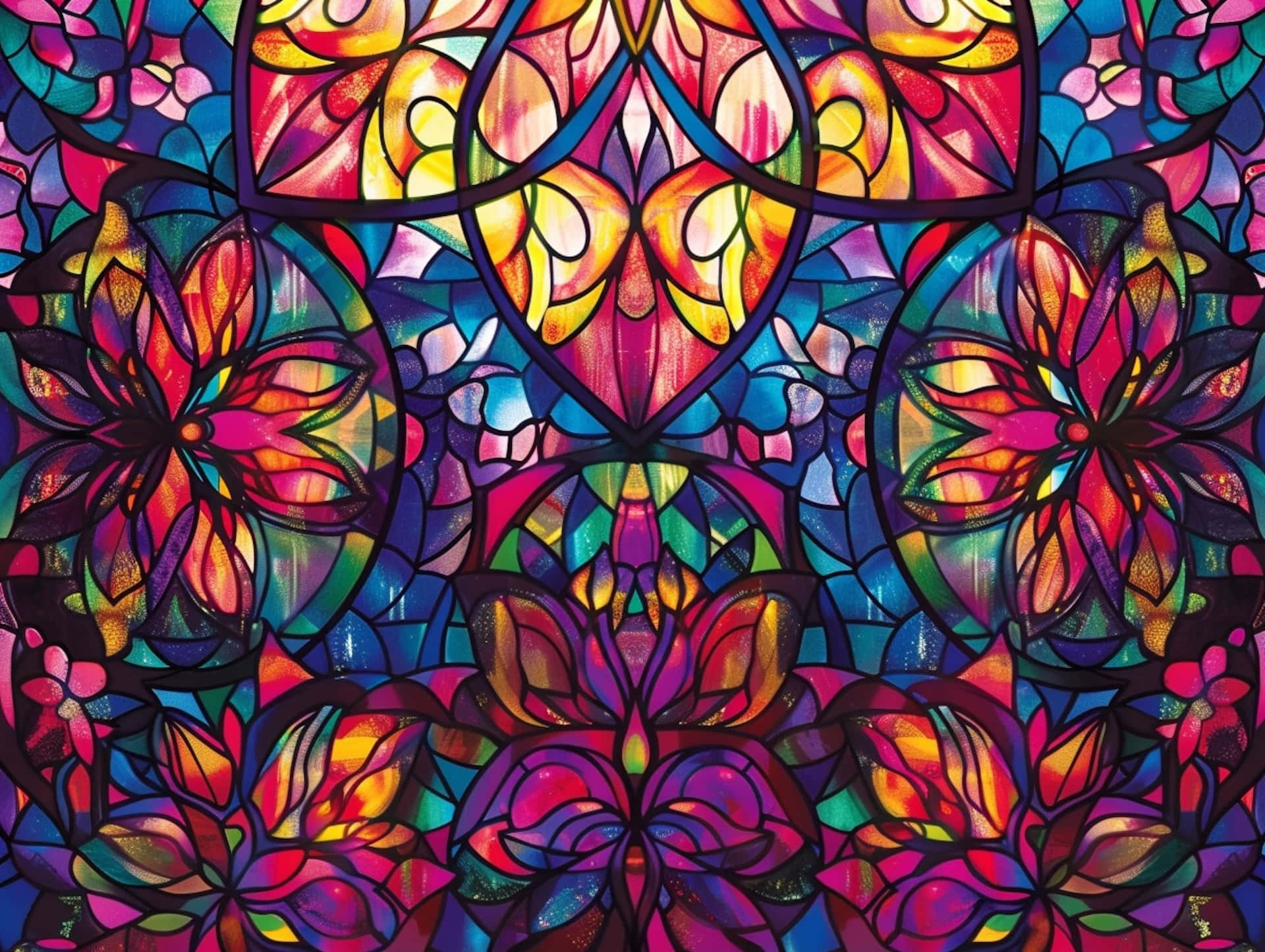 vibrant floral stained glass, symmetrical floral patterns, bold rainbow hues, Full HD Desktop Wallpaper