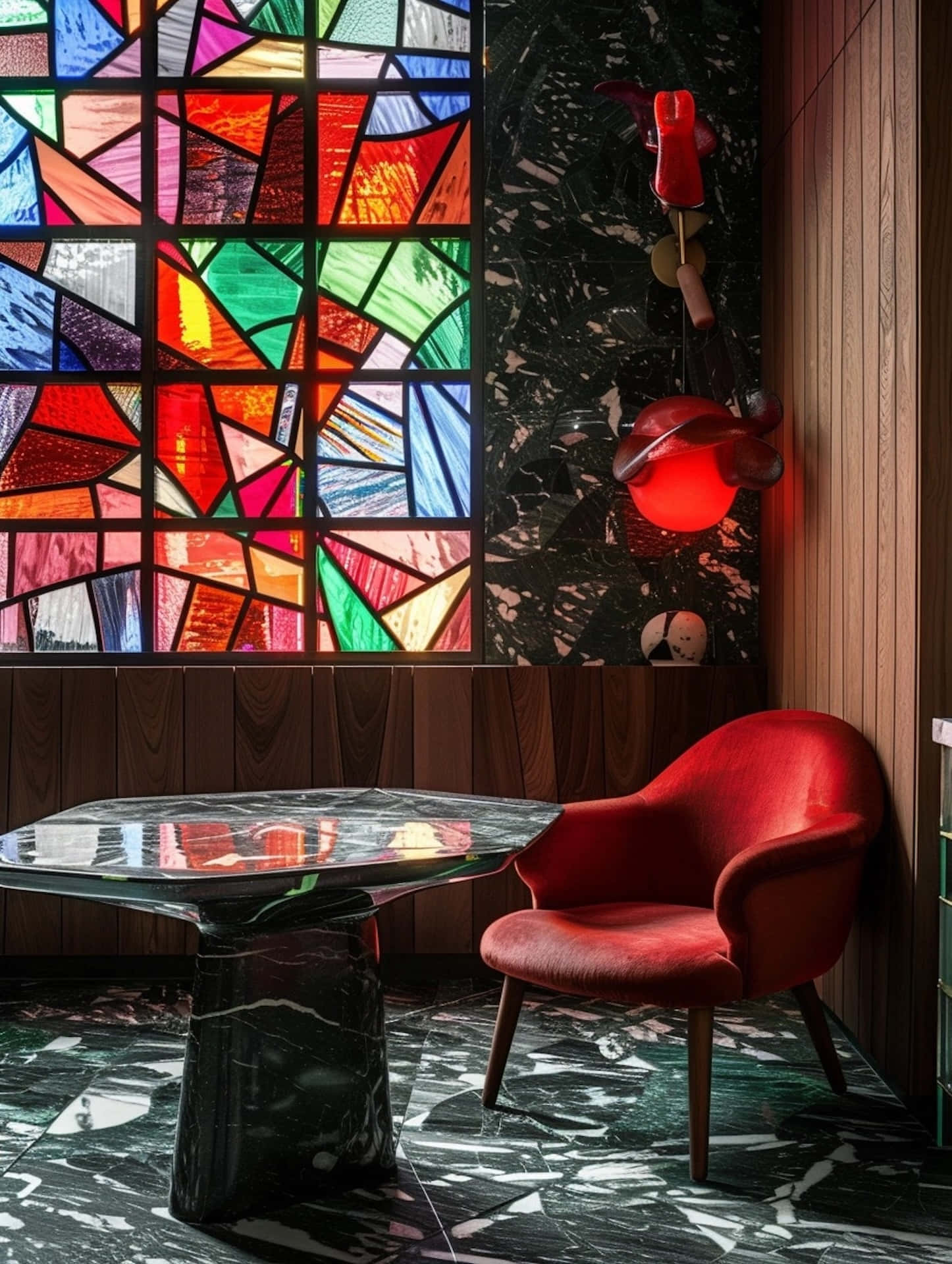 colorful stained glass window, modern lounge, red velvet chair, Full HD Phone Wallpaper