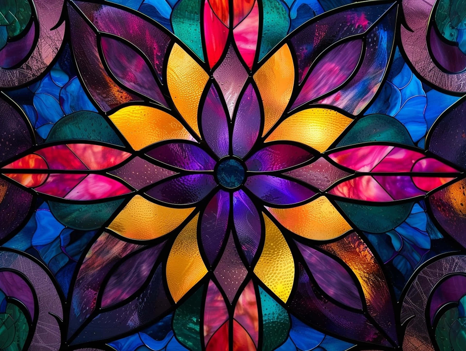 vibrant stained glass floral design, purple, yellow, Full HD Desktop Wallpaper