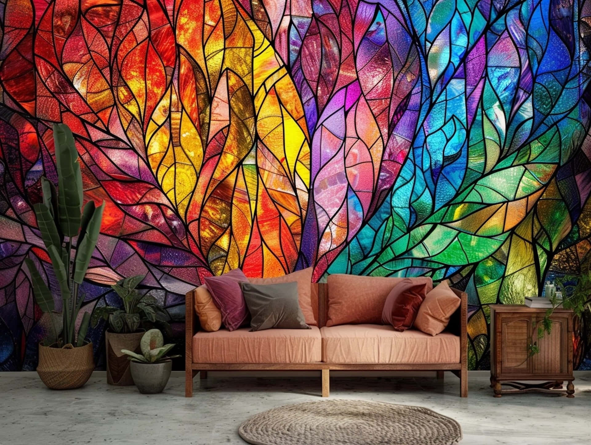 vibrant stained glass wall art, colorful leaf patterns, modern living room, Full HD Desktop Wallpaper