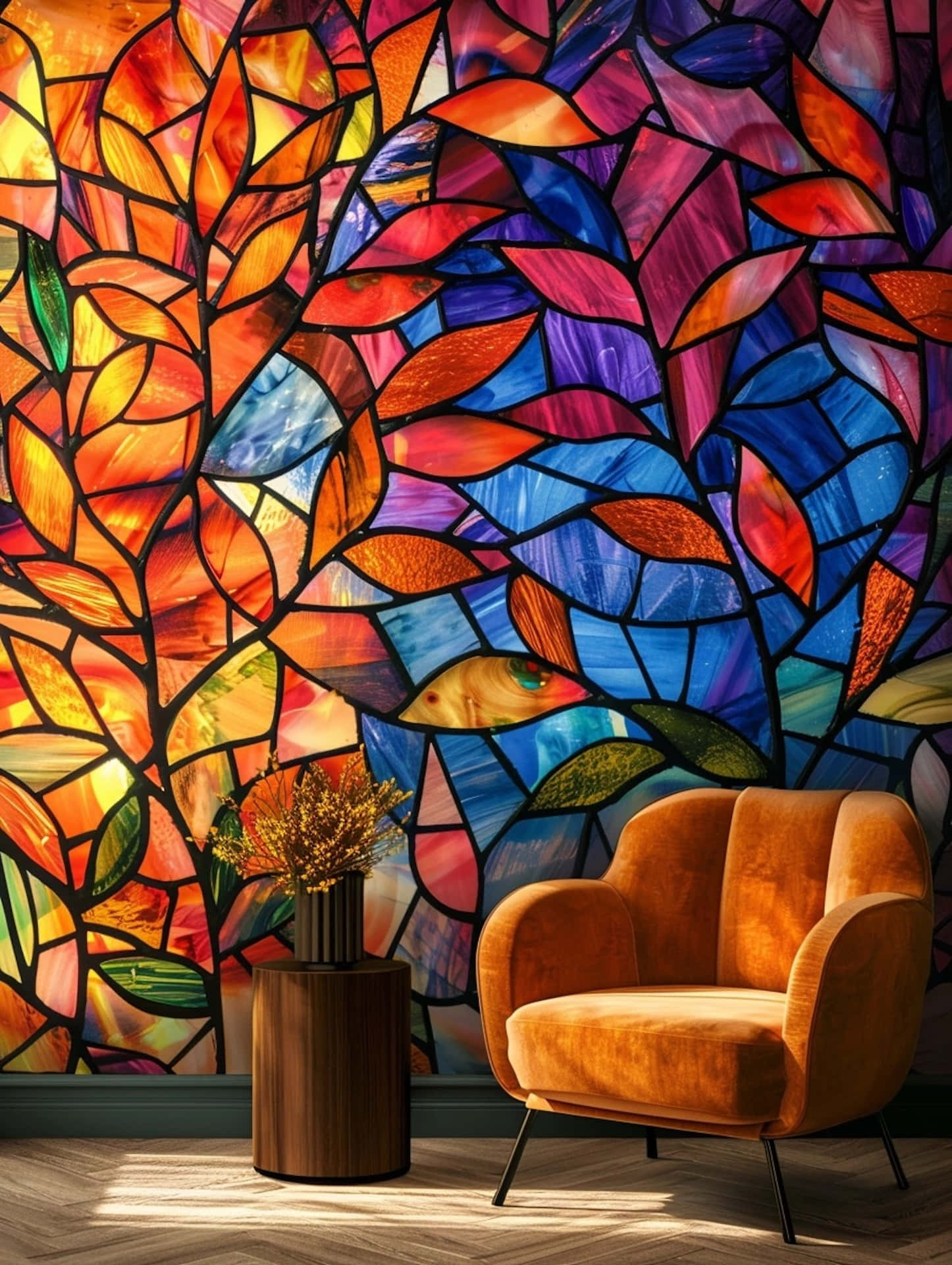 vibrant stained glass wall, fiery leaves, hidden bird eye, Full HD Phone Wallpaper